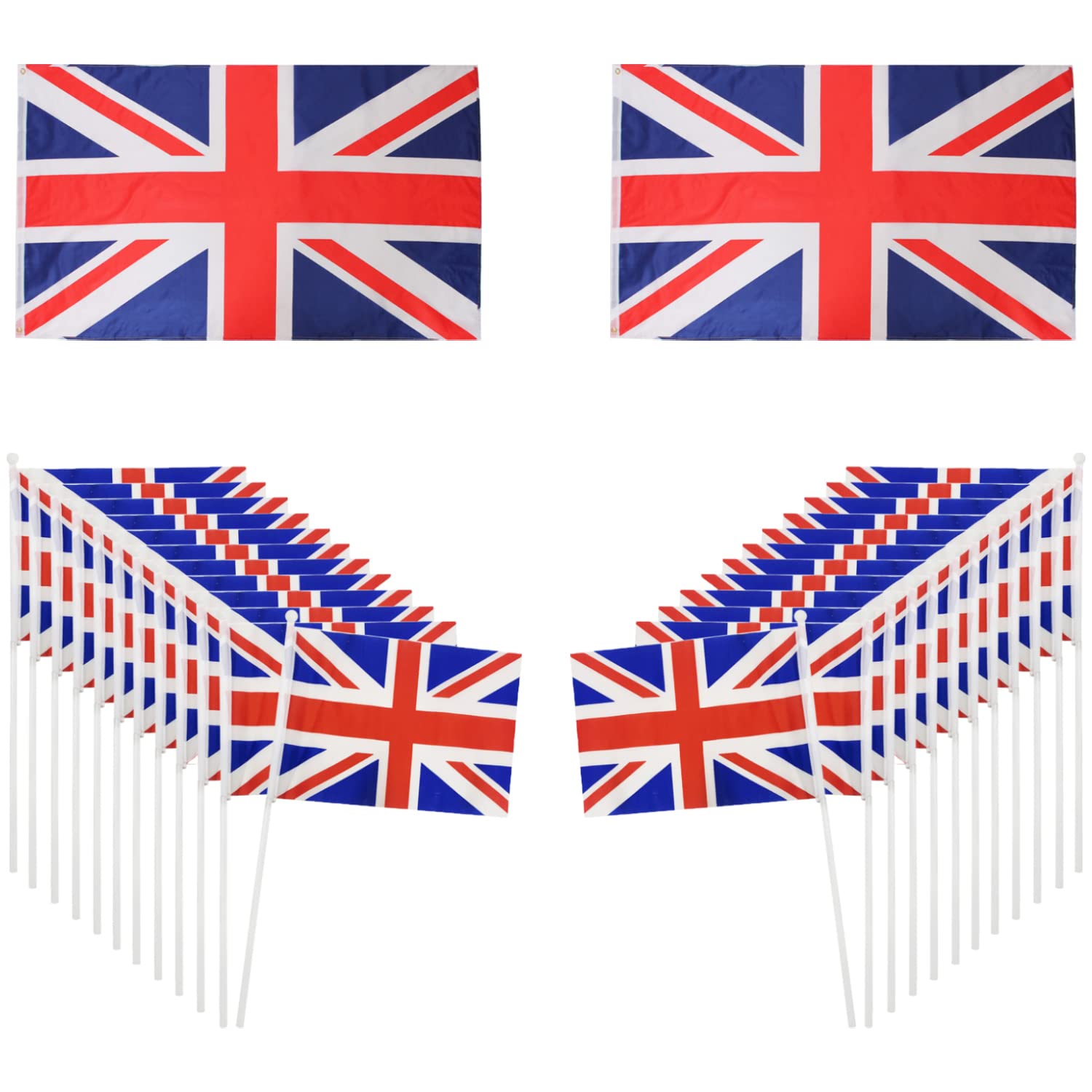 I LOVE FANCY DRESS LTD ADULTS UNION JACK ACCESSORIES - 2X 5FT X 3FT UNION JACK FLAG + 20X UNION JACK HAND WAVING FLAGS - GREAT BRITISH FLAG WITH EYELETS AND FABRIC BRITISH HAND WAVING FLAG