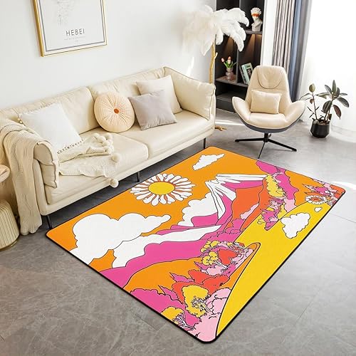 jejeloiu Orange Groovy Flower Area Rug 5x7 Polyester Retro Floral Boho Living Room Rugs for Bedroom 70S Hippie Flowers Bohemian Decor Carpet Indoor