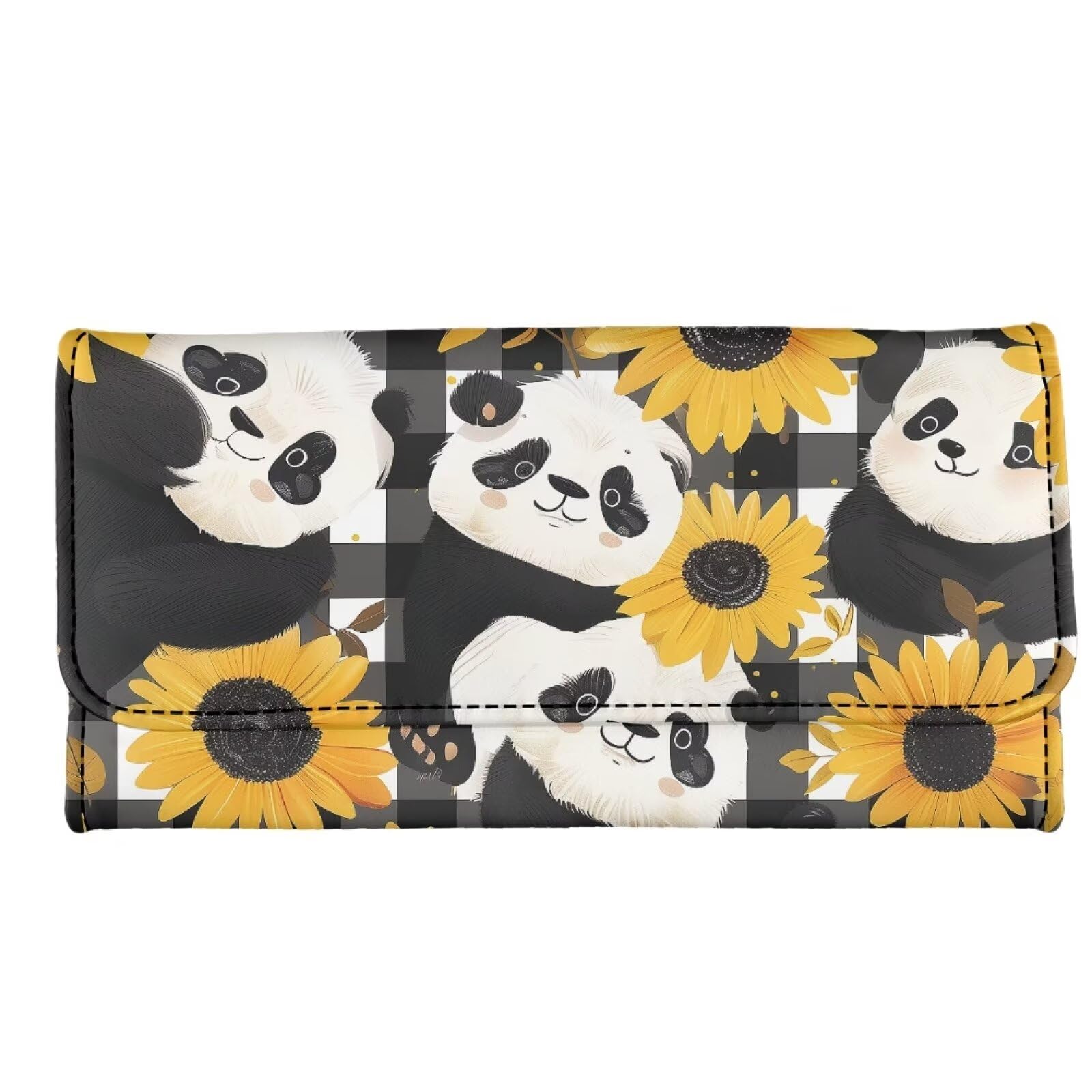 Howilath Womens Cute Panda Sunflower Buffalo Plaid Printed Wallet Clutch Organizer With Change Pocket, Credit Card Clutch Long Purse for Women