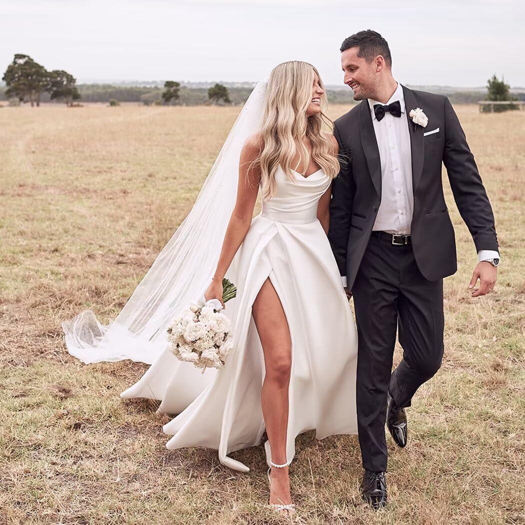 YIANN Élégante robe de mariée en satin pour mariée sans bretelles longue robe de fête de fiançailles avec fente