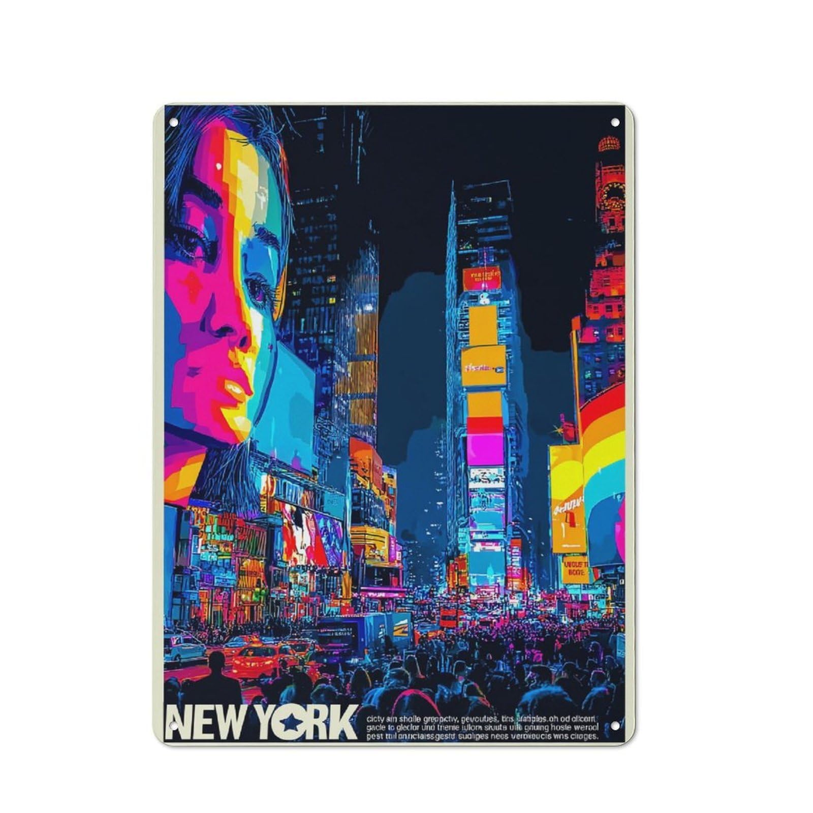 Junmoney Neon Nights New York's Vibrant Cityscape Classic Metal Plaque 40X30cm Featuring Bistro Wall Plaque For Kitchen, Cafe, Pantry Or Dining Room