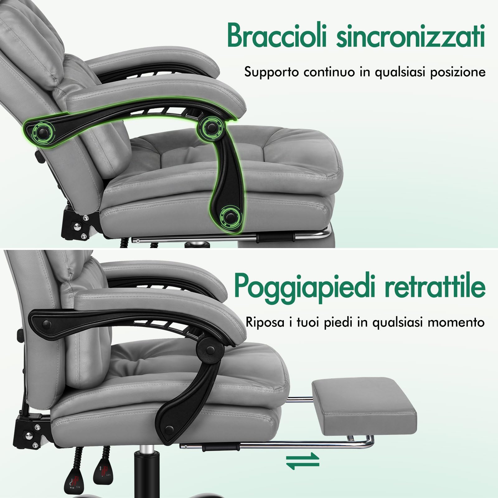 ALFORDSON Sedia Ufficio Ergonomica, Poltrona Direzionale, Girevole e Altezza Regolabile, da Scrivania in Studio con Poggiagambe e Rotelle, Portante di 180 kg, Similpelle(Grigia)