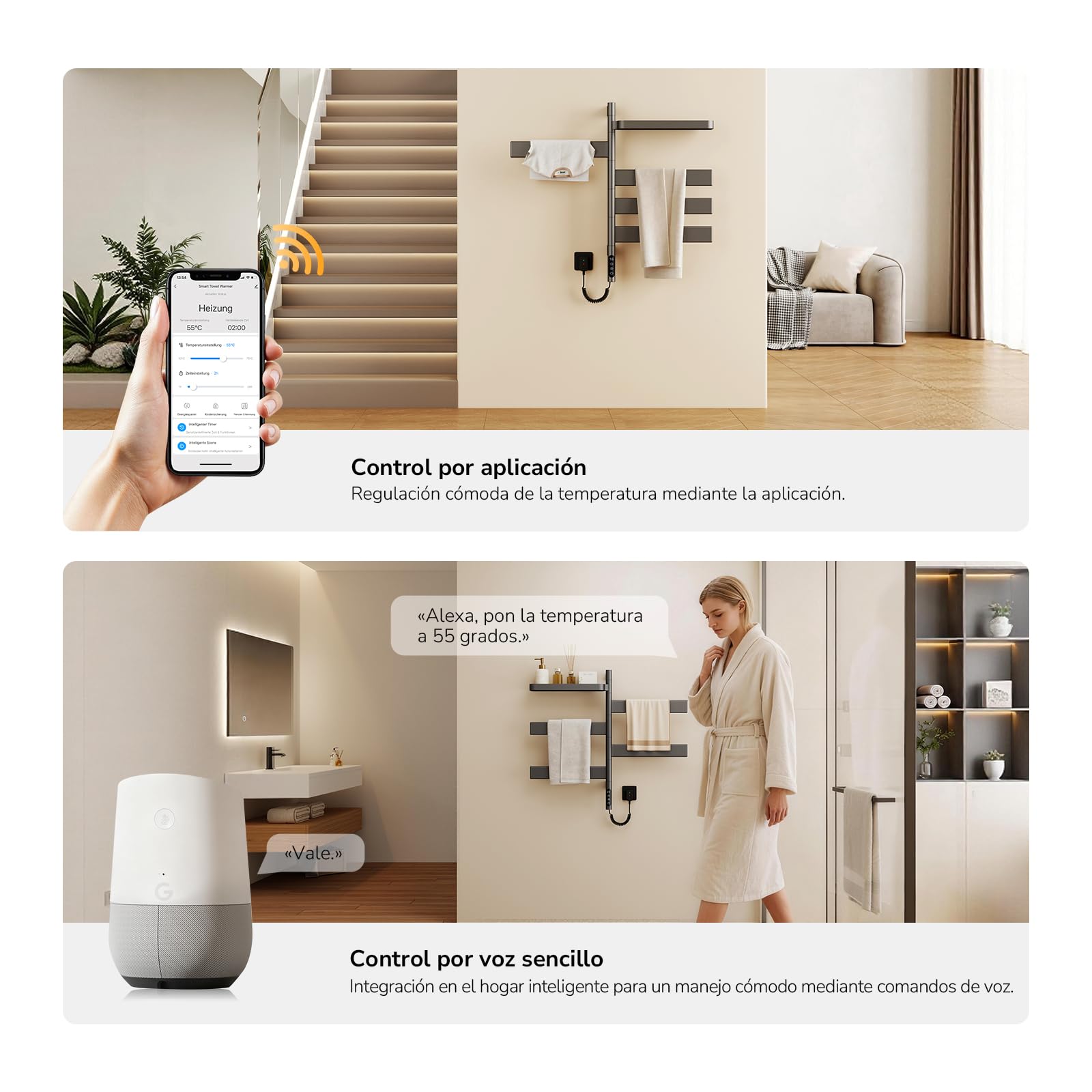 EMKE Toallero Eléctrico Giratorio WiFi, 77x45 cm, Estante,Antracita | Radiador Toallero de Pared con Estante, Fibra de Carbono, 6 Modos,Bajo Consumo,2 formas de instalación