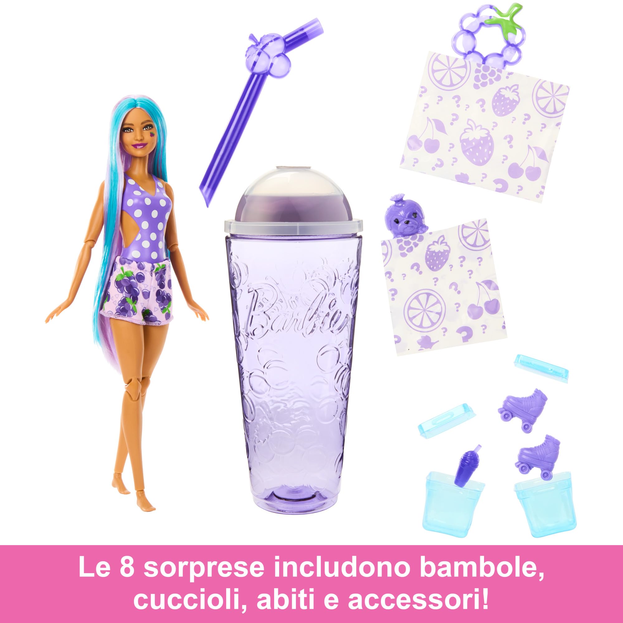 Barbie - Pop Reveal Serie Frutta, Bambola a Tema spuma D'uva con 8 sorprese profumate e con Effetto Cambia Colore, Cucciolo e Accessori Slime Inclusi, Giocattolo per Bambini, 3+ Anni, HNW44