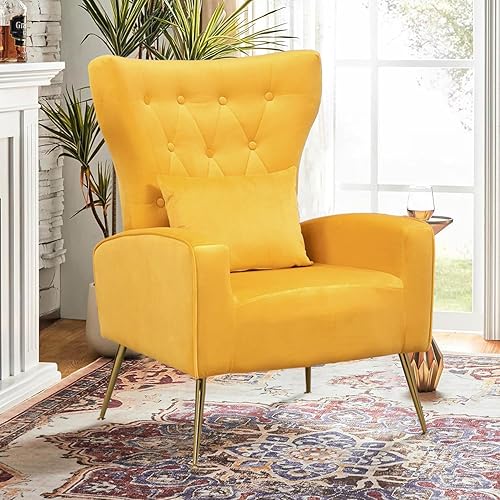 Miniatura 82 de Silla moderna de terciopelo para sala de estar, dormitorio, silla con respaldo alado con brazo y patas doradas, silla auxiliar de recepción de