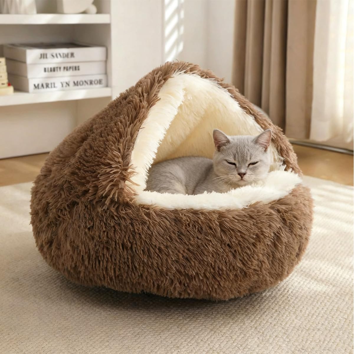 Fluffy Pet Cat Cave Bed, Small Cats Dog Tent Igloo Hooded Sleeping Cushion, Semi-closed Plush Kitten Puppy Nest Kennel Non-slip Bottom Washable Pet House (Brown,M-50cm)