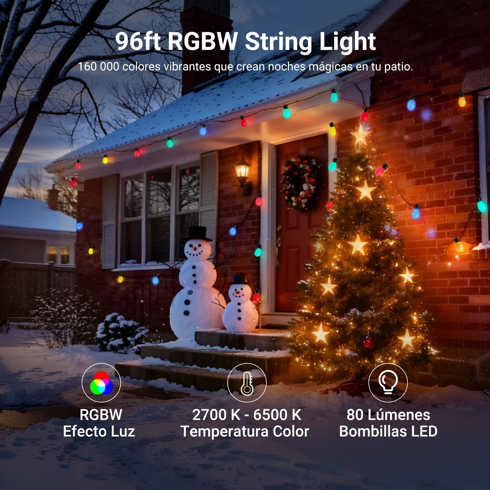 NEEWER Guirnalda Exterior 96ft RGB IC Blanco Inteligente Control App,30 Bombillas IP65 Impermeable 50+ Escenas Decoración Patio Balcón Jardín Compatible Alexa Google, NR01