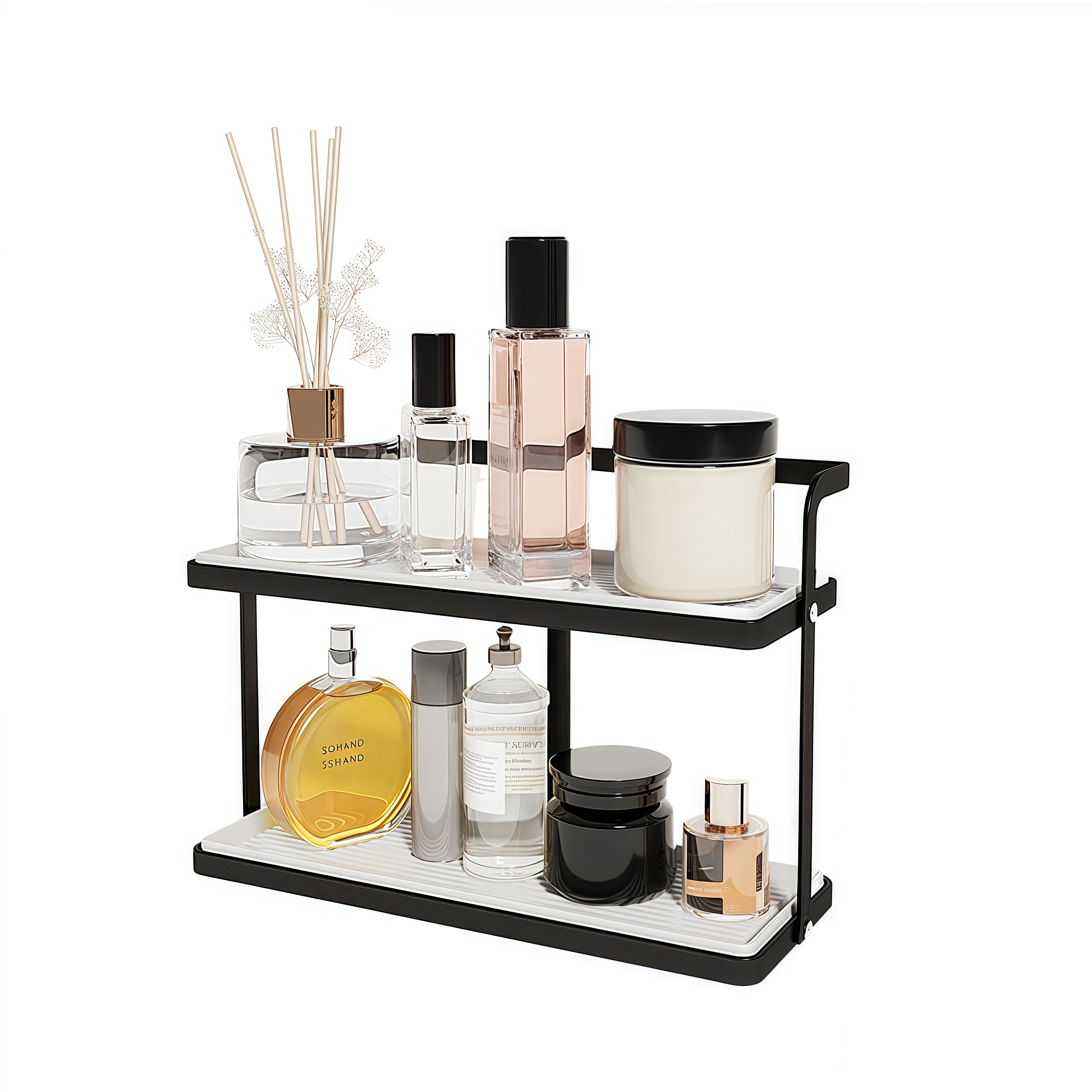 PEUAF Bathroom Countertop Organizer for Small Spaces 2-Tier Makeup Shelf with Vanity Tray Tool-Less Installation Skincare Perfume Organizer