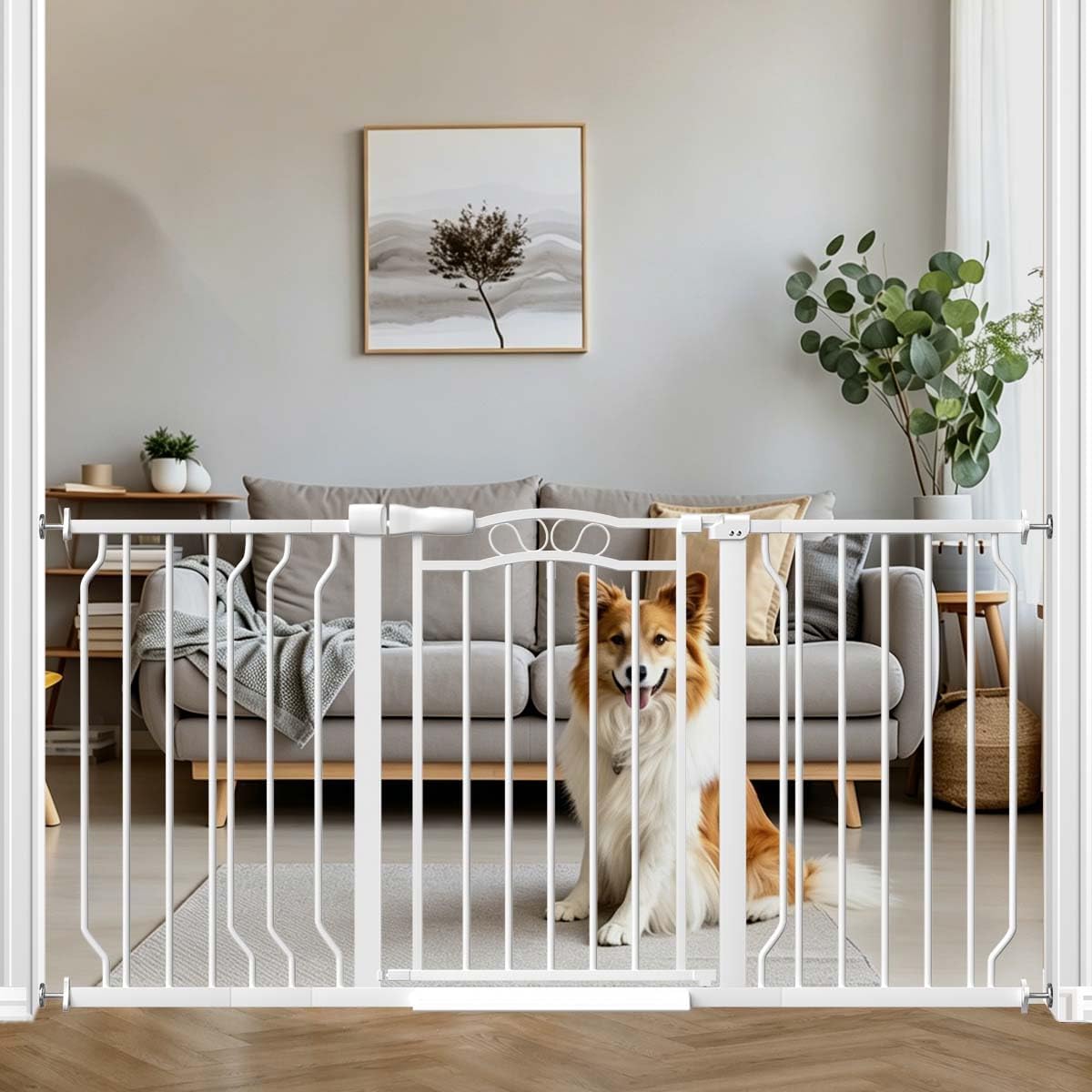Fairy Baby 53.1"-62.5" Extra Wide Baby Gate for Doorways, Pressure Mounted Dog Gates for Stairs Indoor, Auto-Close Metal Pet Gate for House, No Drill Easy Walk Thru Safety Child Gate with Door, White