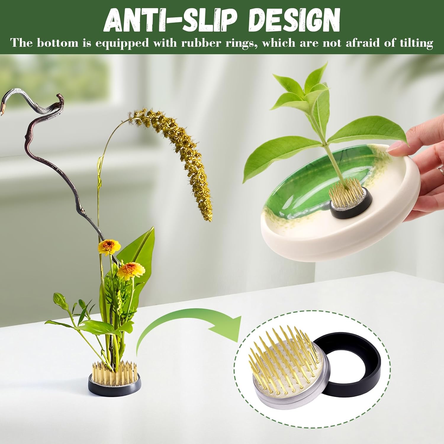 Woration 10Pcs Ikebana Stem Holder Gold Flower Frog with Rubber Base Floral Arrangement Pin Frog 1.34inch Round Kenzan for Garden Home Decoration DIY Craft