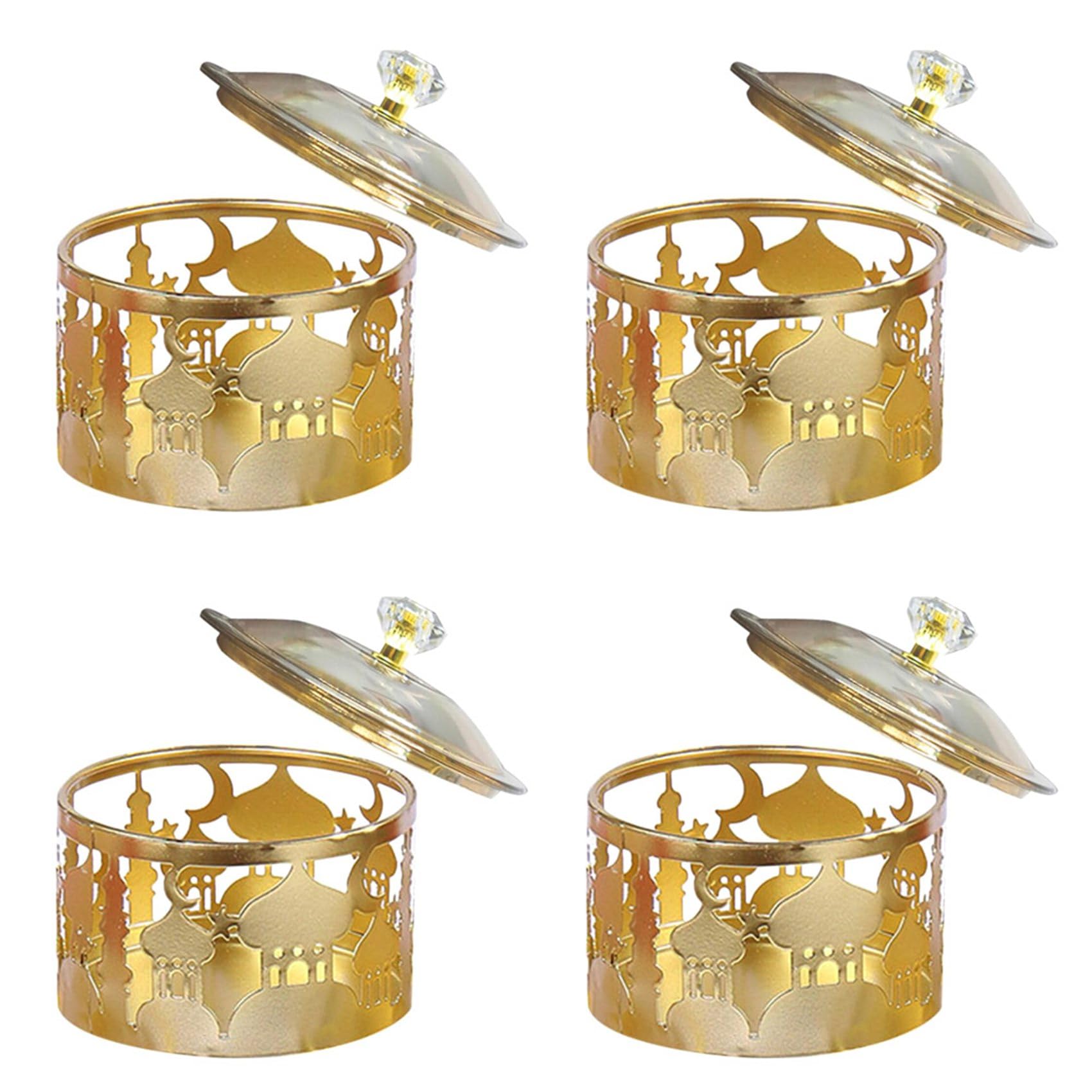 Hndhbfgrt 4X Ramadan Trays with Lid - Metal Gold Eid Mubarak Tray Ramadan Plate Candy Dish Food Container Cookie Trinket Box