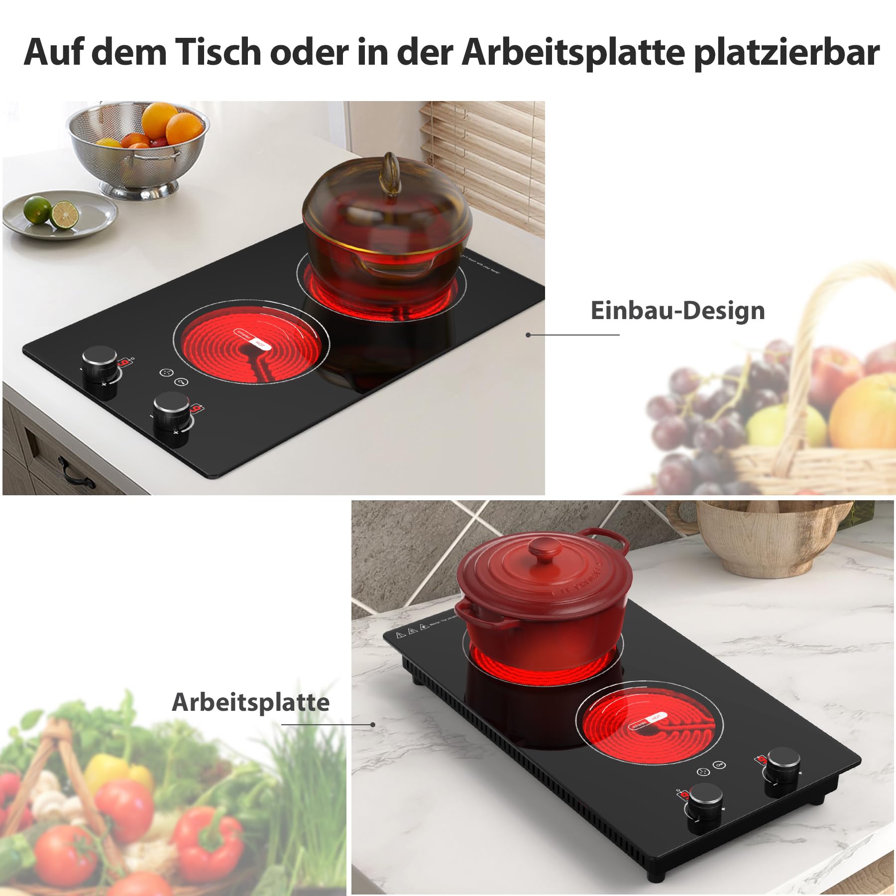 VBGK Glaskeramikkochfeld 2 Platten 29cm 3000W 2 Kochzonen 9 Heizstufen Berührungssteuerung Kindersicherung Timer