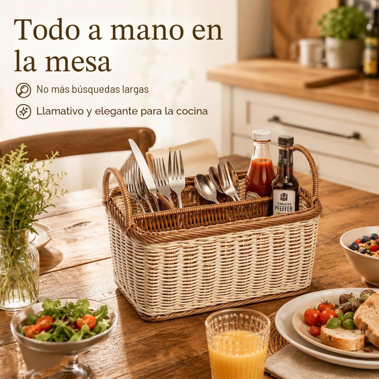 Hemoton Cesta De Almacenamiento De Ratán Sintético Con 4 Compartimentos, Organizador De Cubiertos Y Utensilios Para Cocina, Comedor, Jardín O Picnic