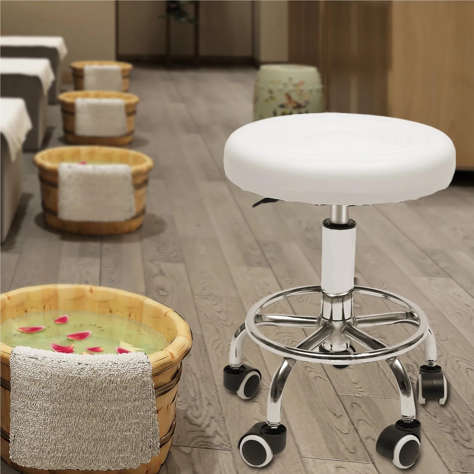 Asiento de mecanico Taburete Redondo con Ruedas y reposapiés de Altura Regulable para masajes de SPA y salón, Color Blanco y Negro Taburete Taller(White)