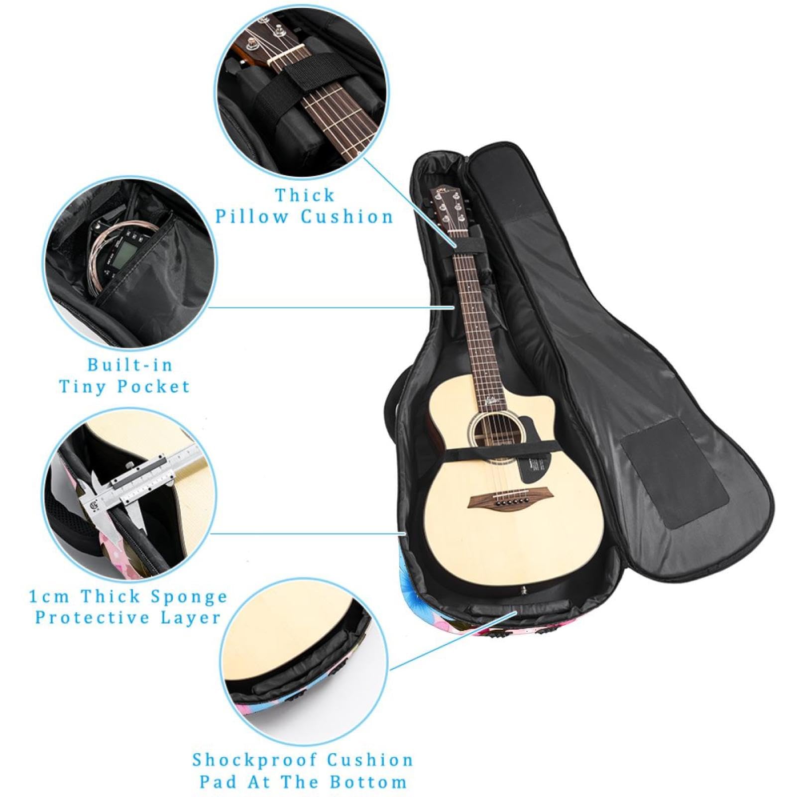 NUEAHEDN Acoustic 40/41/42 Inch Aesthetic Colored Flowers Large Capacity Guitar Gig Bag 0.4Inch Extra Thick Sponge Overly Padded, with Two Storage Pockets, Waterproof Guitar Case