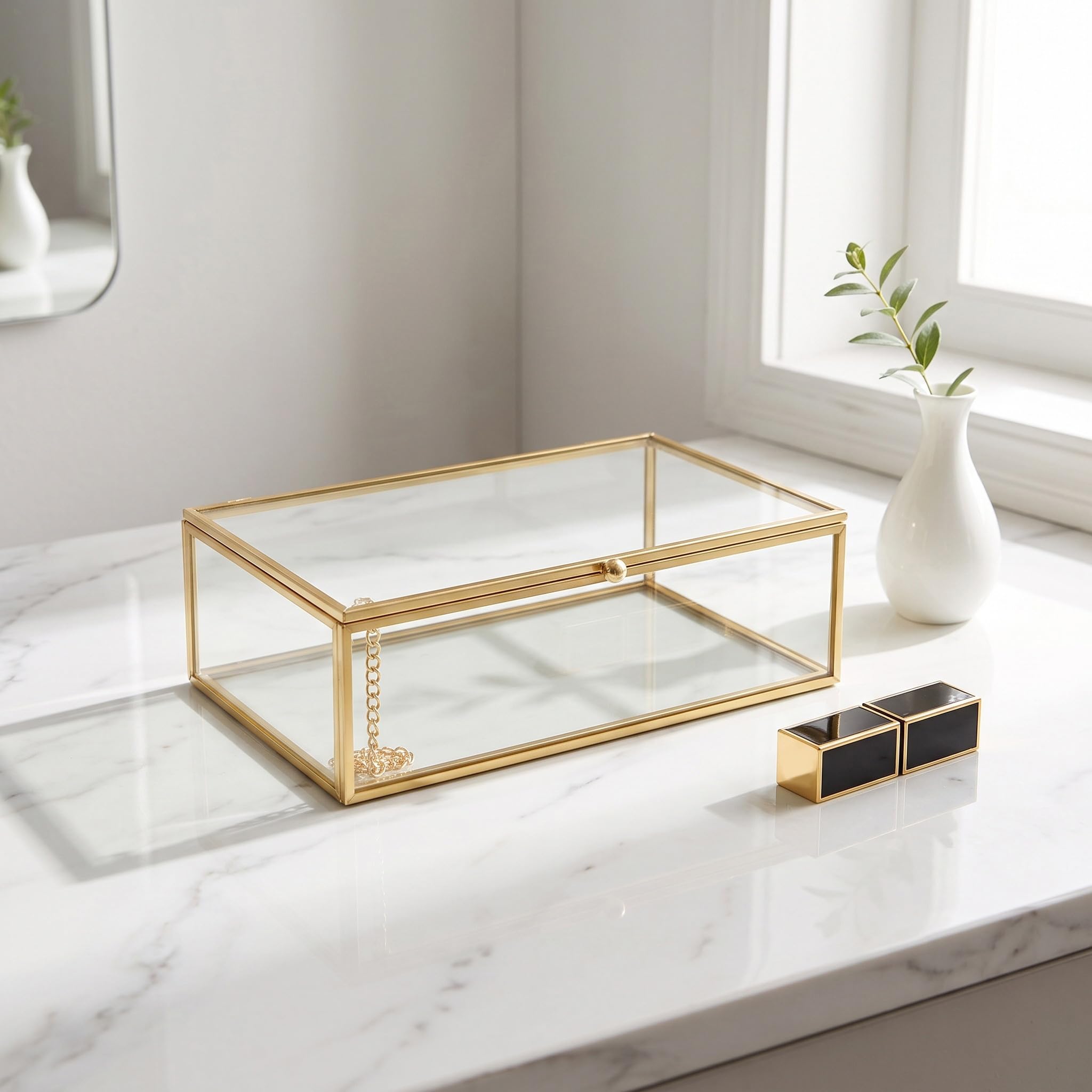 Lurrose Caja de cristal vintage para guardar recuerdos: Caja dorada para tarjetas con tapa abatible - Joyero de cristal para guardar tarjetas de boda, baratijas, fotos y más. 7,95 x 5,12 x 2,48
