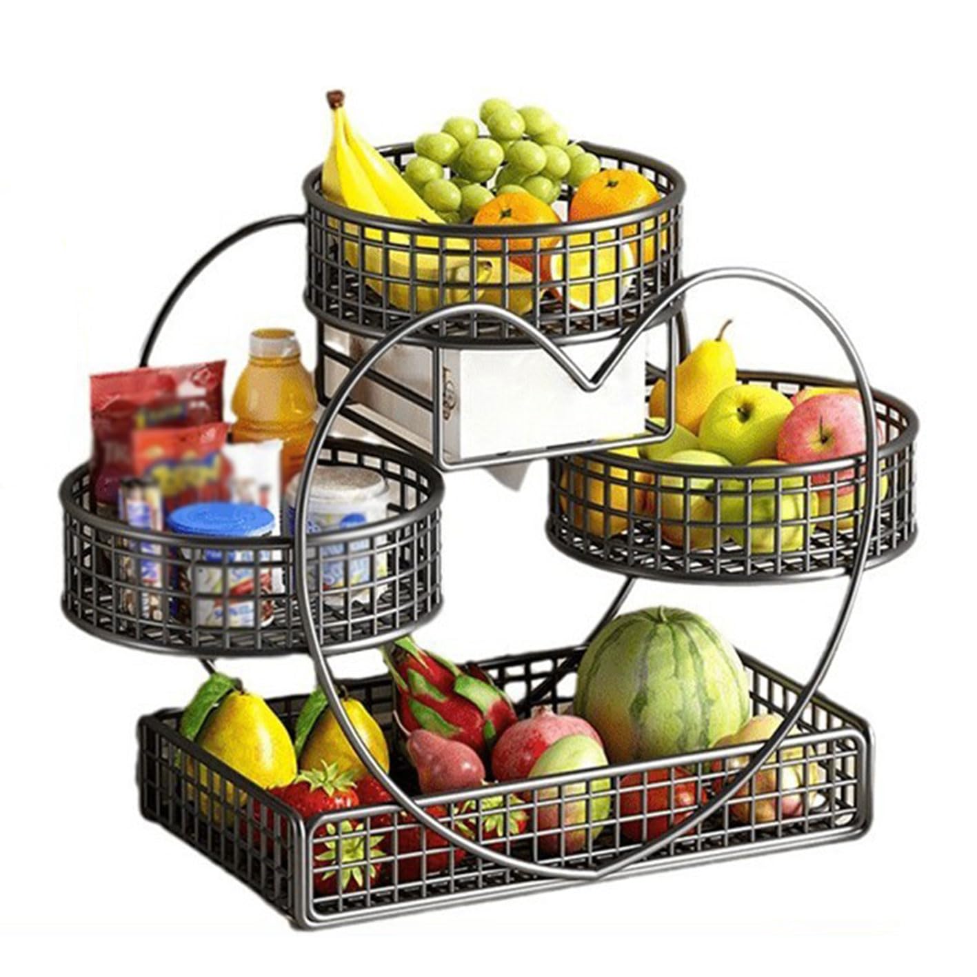 Bryze Heart Shaped 3 Tier Metal Fruit Basket Stand, Black Finish