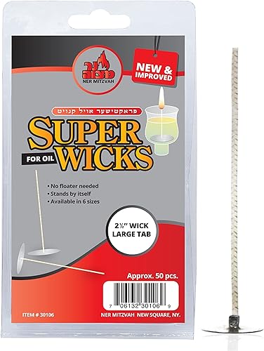 Mechas de algodón autoportantes para vasos de aceite de vidrio, paquete de 50, pestañas grandes, mechas de 2.5 pulgadas, no necesita flotador, para