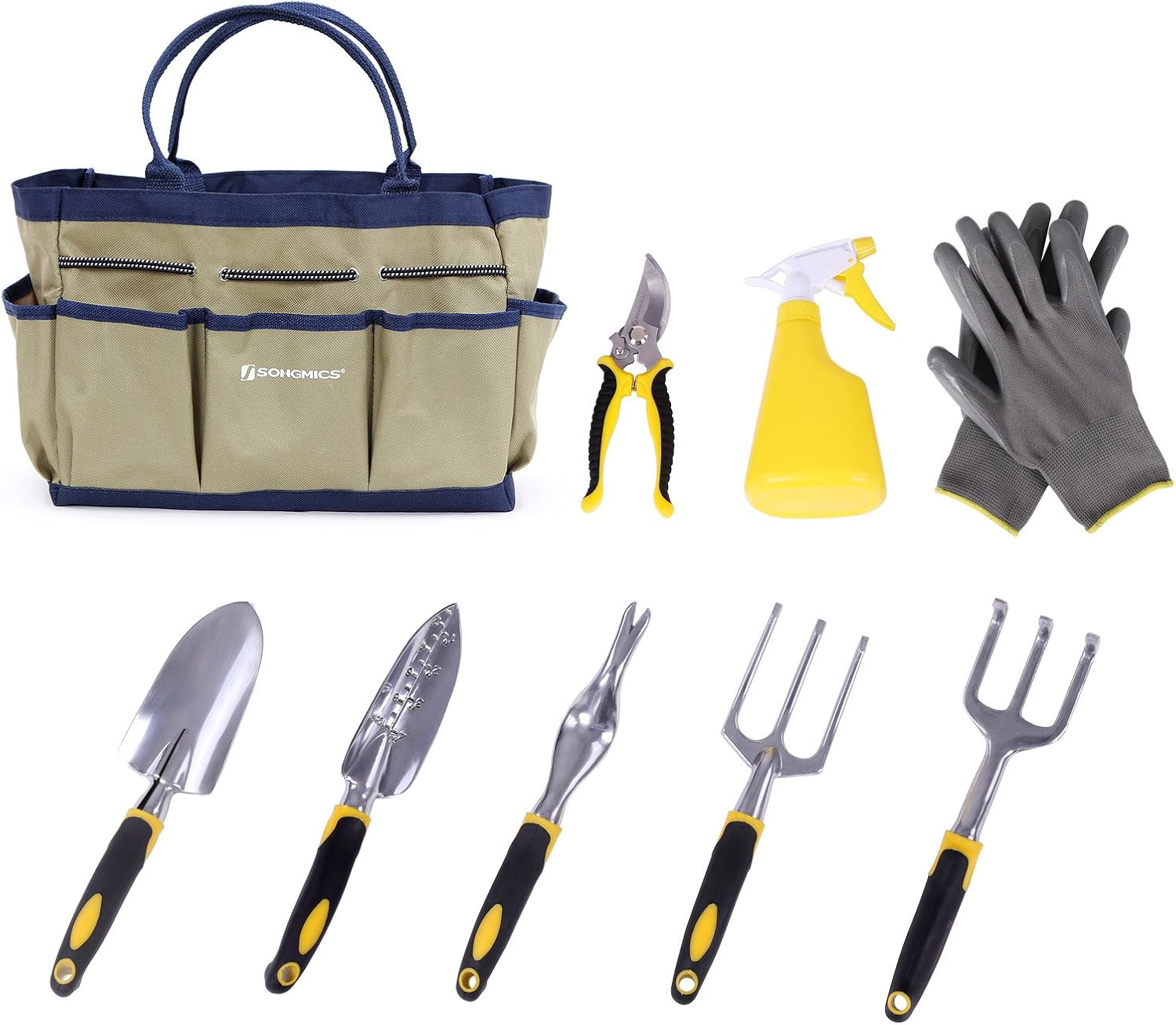 SONGMICS 9 Piece Garden Tool Set Includes Garden Tote and 6 Hand Tools Heavy Duty Cast-aluminum Heads Ergonomic Handles UGGB31L
