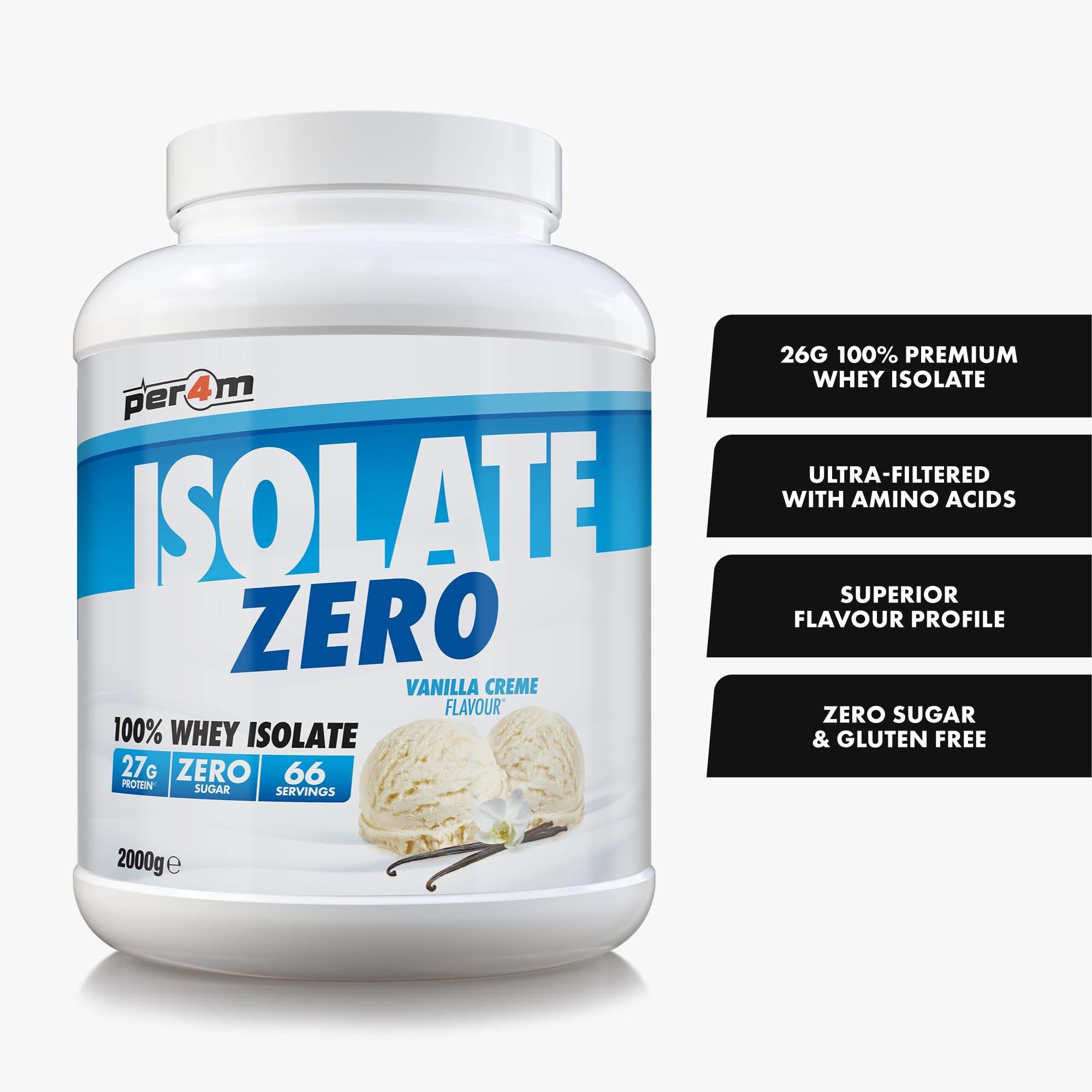 Per4m Isolate Zero, hochreines Proteinisolat, maximaler Proteingehalt bei minimalem Fett & Zucker, laktosereduziert & gut verträglich, für Kraft & Schnelligkeit täglich – Vanille-Creme – 2kg