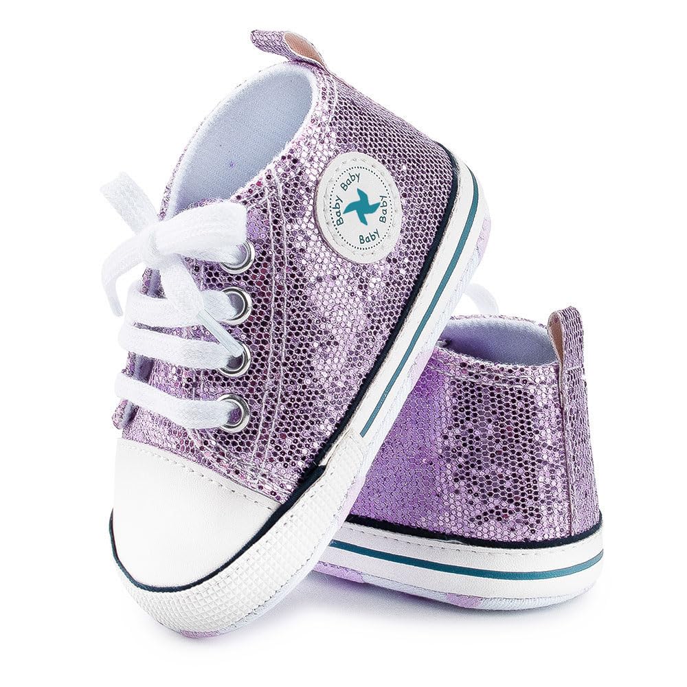 Baby Boys Girls Star High Top Sneaker Soft Anti-Slip Sole Newborn Infant First Walkers Canvas Denim Shoes (12cm, Purple, 6_Months)