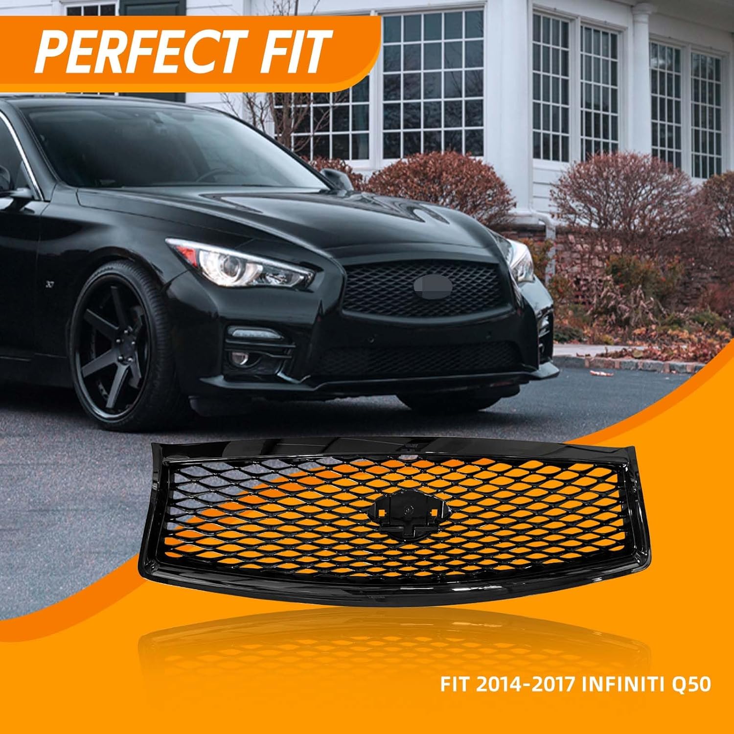 YLT AUTO Front Bumper Cover Upper Grille Replacement Shroud Front Air Inlet Black Grille Fit 2014-2017 for Infiniti Q50