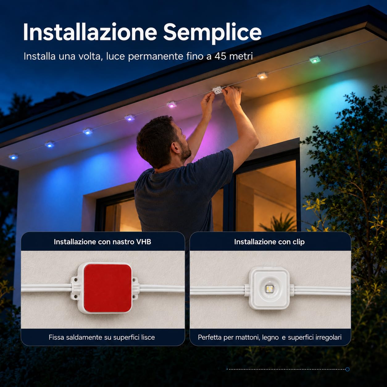 Luci Esterne Permanenti RGBIC - 15 metri con Luce Bianca, App e Telecomando 2.4G, Impermeabili IP67 per Grondaie, Facciate, Pergole e Tettoie, Modalità Musica e Timer
