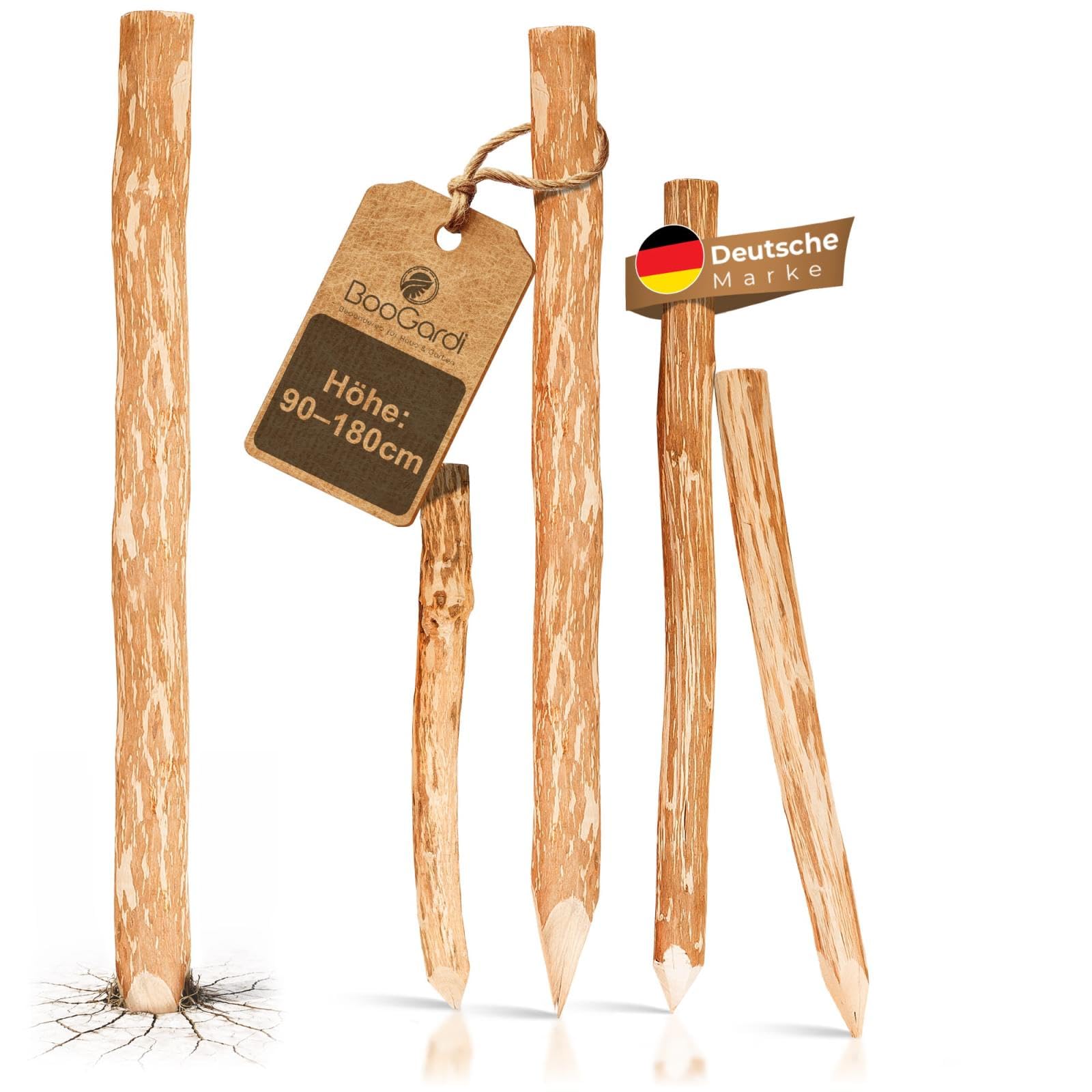 BOOGARDI Holzpfosten für Staketenzaun · Zaunpfosten Holz rund in 5 Größen · 5x Holzpfahl 180 cm lang · Holzpfähle für Holzzaun · Zaunpfähle, Pfosten, Wildzaun