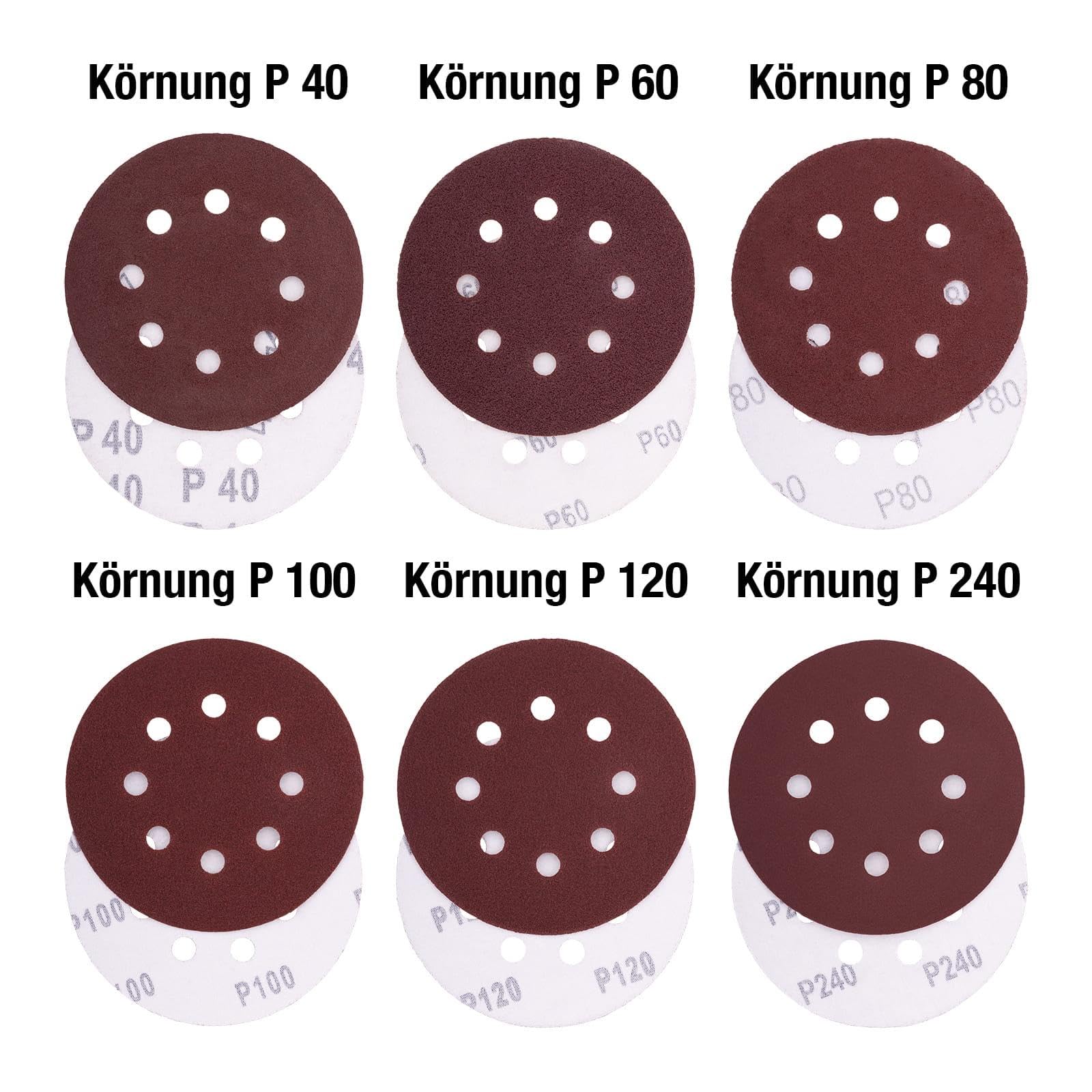 Schleifpapier 125mm Klett Set · P40 P60 P80 P100 P120 je 20 Stück · 8 Loch Schleifscheiben für Exzenterschleifer 125 · Schleifpads in Körnung 40 60 80 100 120 240