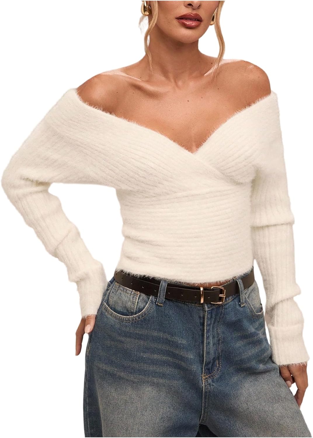 MakeMeChic Women's Elegant Off The Shoulder Business Sweater Winter Long Sleeve Wrap Knit Tops