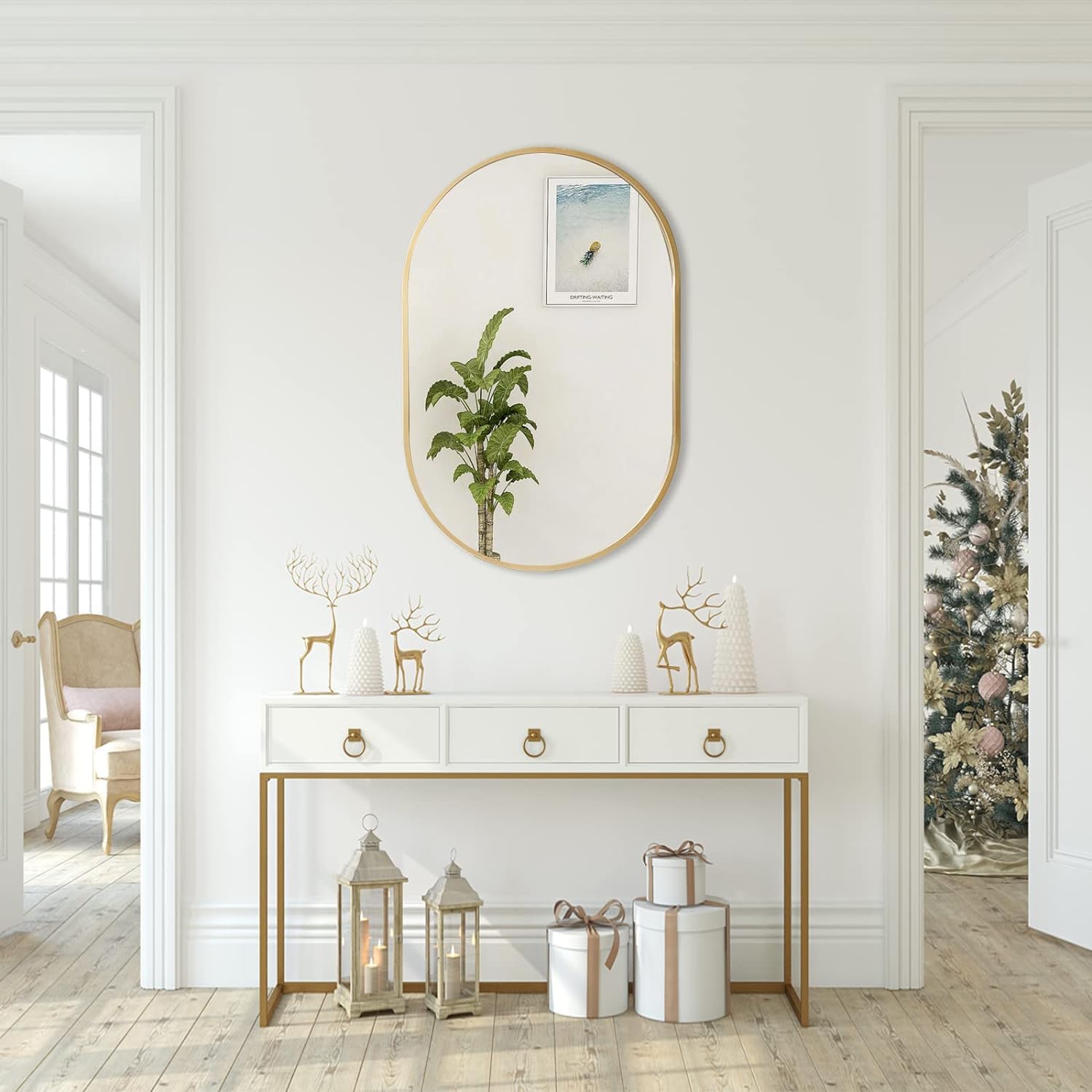 Specchio Ovale Dorato Bolrok 50x83 Cm – Metallico, Forma Pillola, Da Parete Verticale/Orizzontale