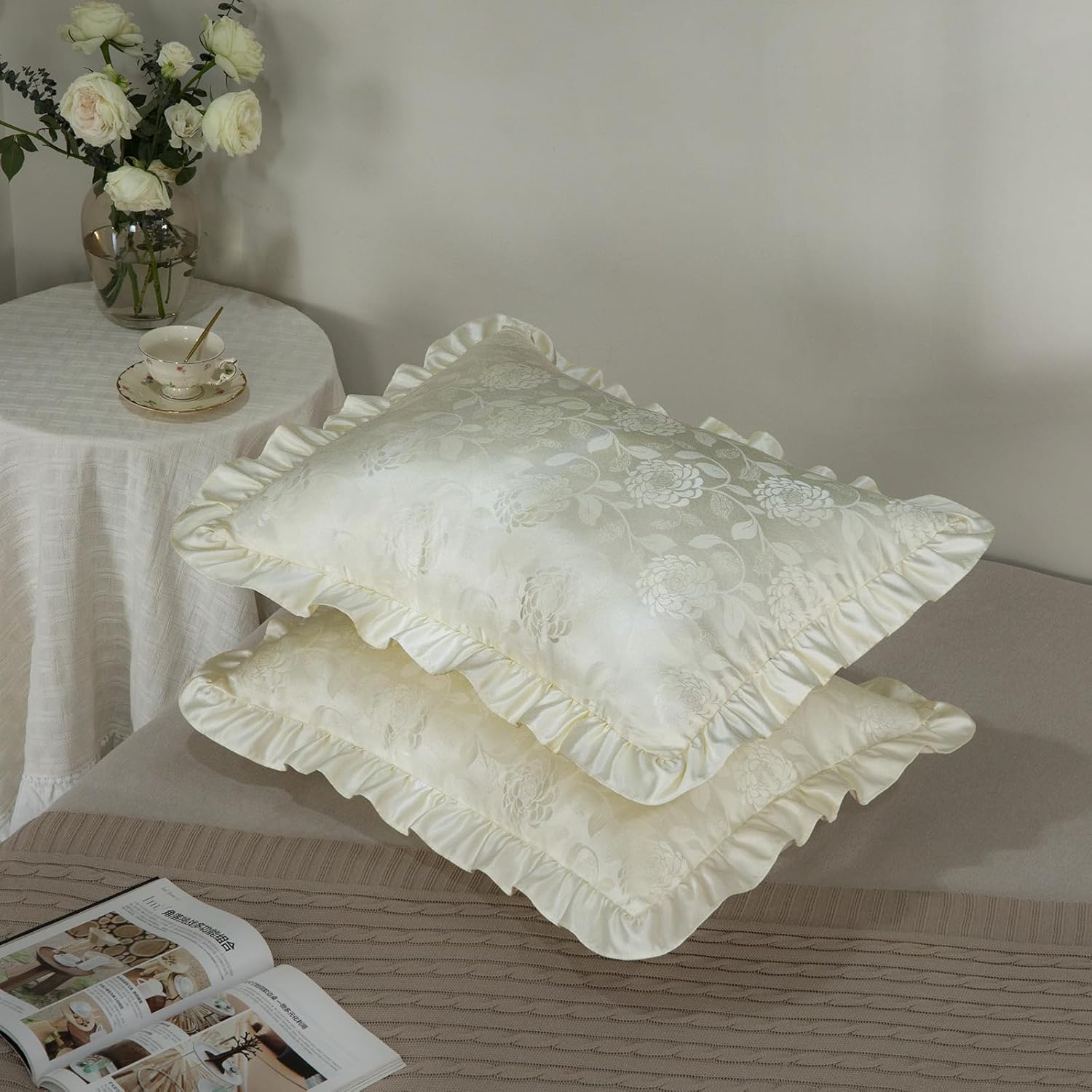 Pillow Shams Set of 2 Classic Rose Pattern Damask Textured Fabrics Decorative Pillow Cases Retro Ruffle Flounces Trim for Home Bedroom Decor Pillow Covers Ivory, King 20x36 Inch