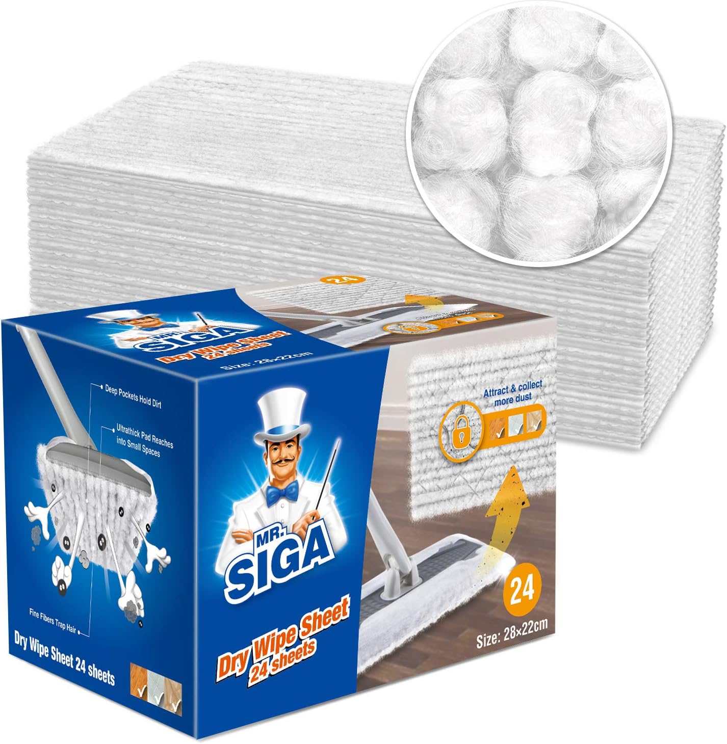 MR.SIGA Microfiber Dry Sweeping Refills, Disposable Dry Sweeping Cloths for Floor Cleaning, Unscented, 24 Count