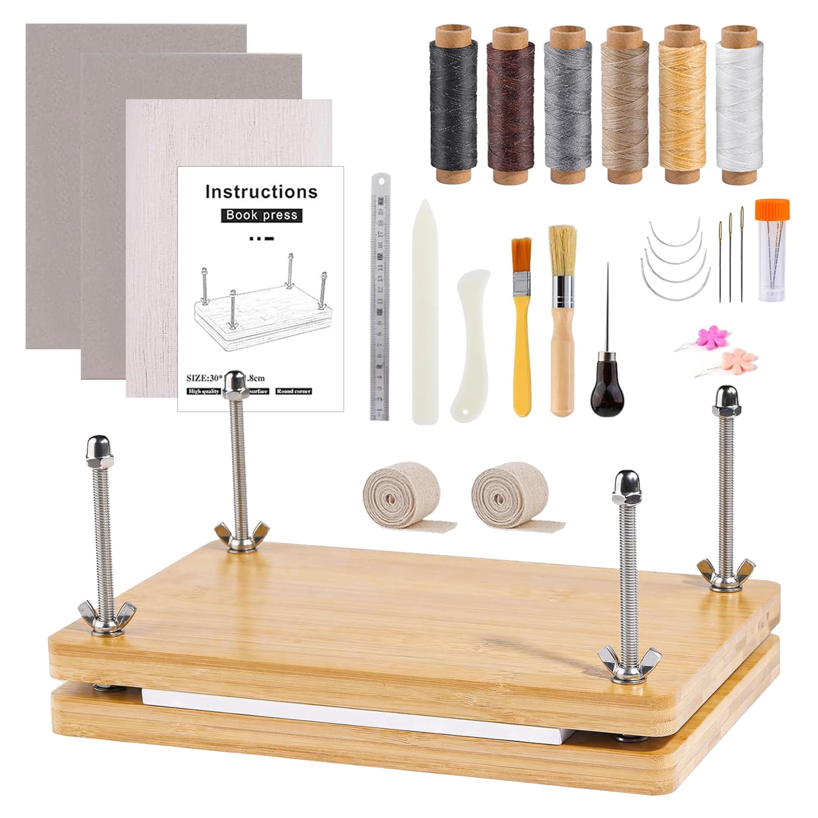 BONJUME Presse à Livres En Bois, Kit De Reliure Multifonctionnelle Outil De Reliure Book Press En Bois Manuel Accessoires Pratiques étiquettes De Reliure DIY Presse à Reliure - 30 x 19,2 cm