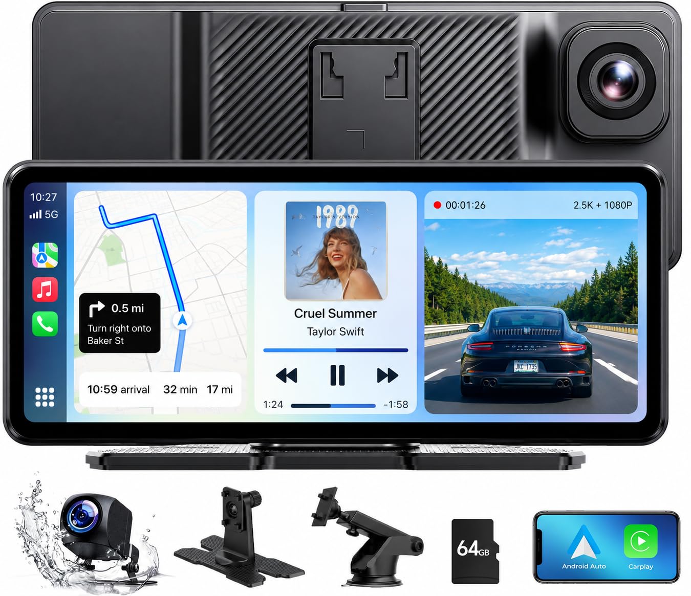 LAMTTO Display Wireless CarPlay & Android Auto Con Dashcam 2,5K + 1080P, Schermo Touch HD Portatile da 6,86 Pollici, CarPlay Con Assistente Vocale, Navigazione, Bluetooth, Scheda da 64 GB, Mirror Link