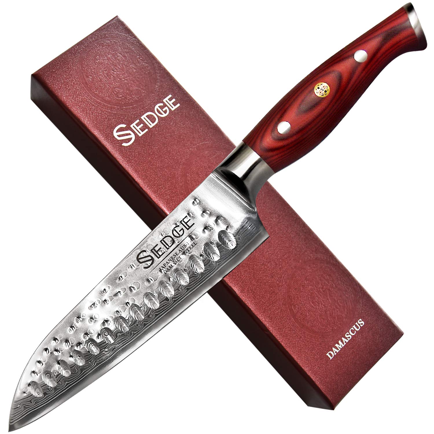 SEDGE Santoku Knife 7" - Japanese AUS-10V Damascus High Carbon Stainless Steel - Hammered Finish - Non-Slip Full-tang Ergonomic G10 Handle