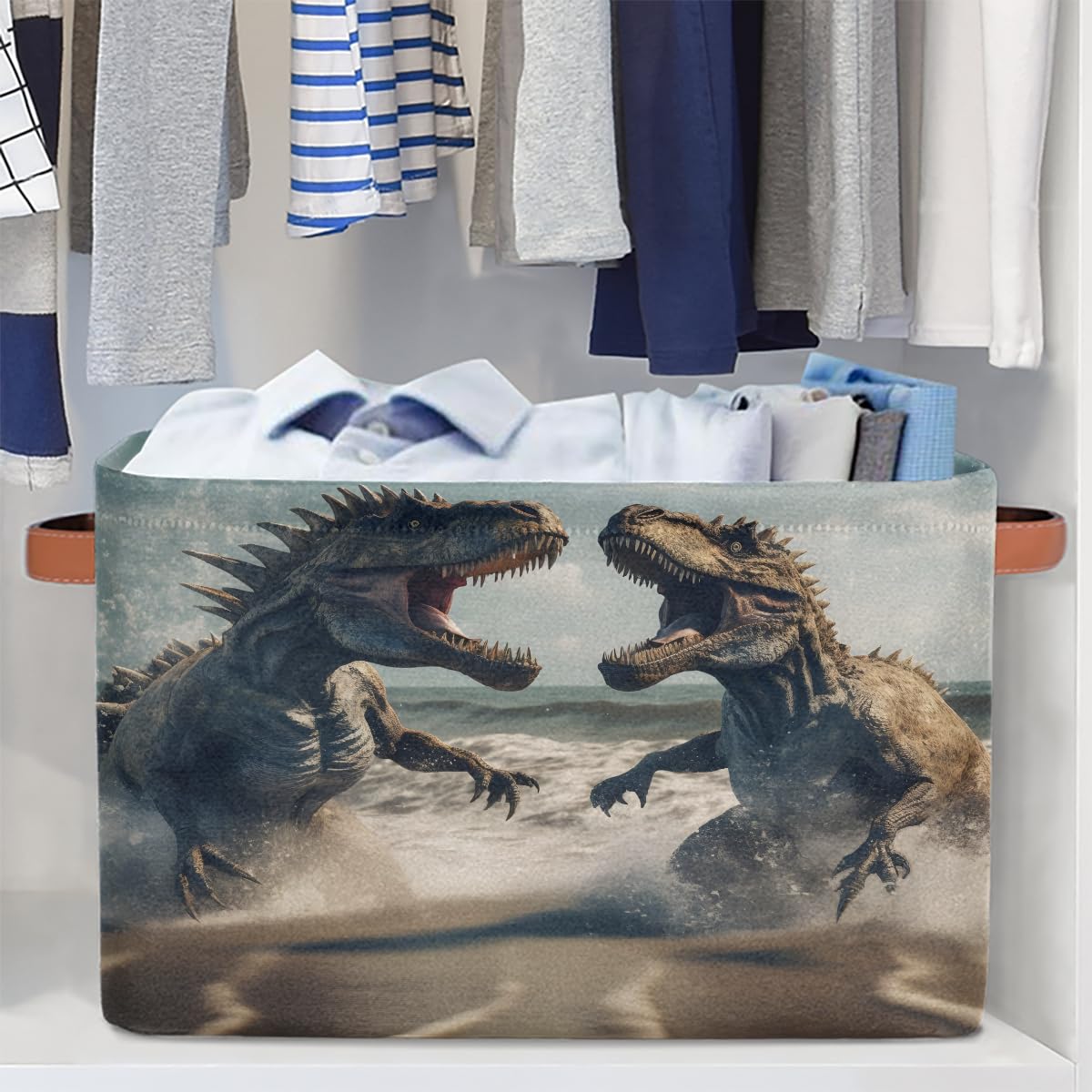 Mexpekil Cesta de almacenamiento de animales de dinosaurio, caja de almacenamiento de juguetes para niños, plegable, organizador de tela para estantes, cesta de regalo grande con asas, 2 piezas