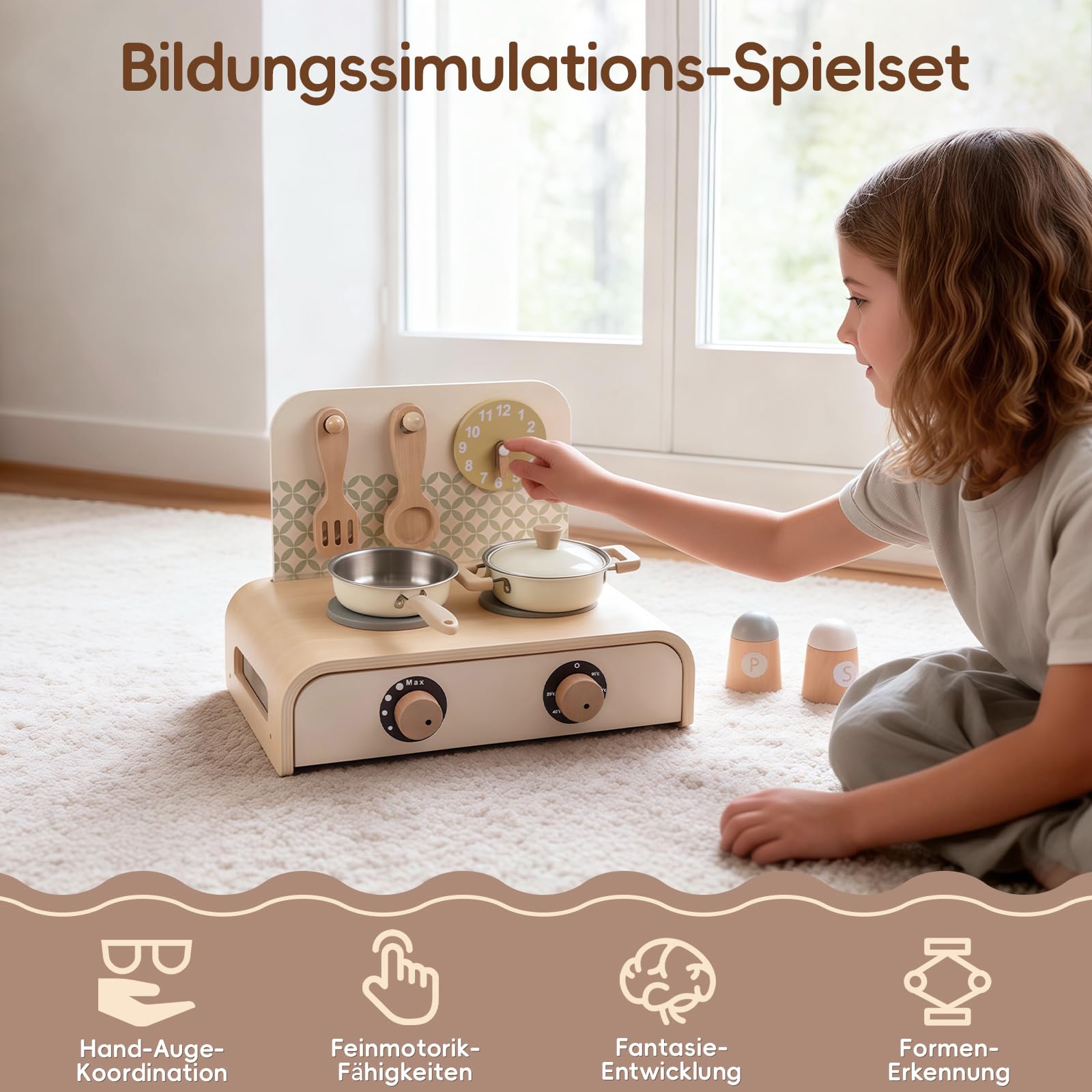 Kinderküche Zubehör Holz, Mini Spielküche Spielset mit Topf, Pfanne, Drehbare Knöpfe mit Klickgeräusch, Montessori Spielzeug ab 3 Jahren
