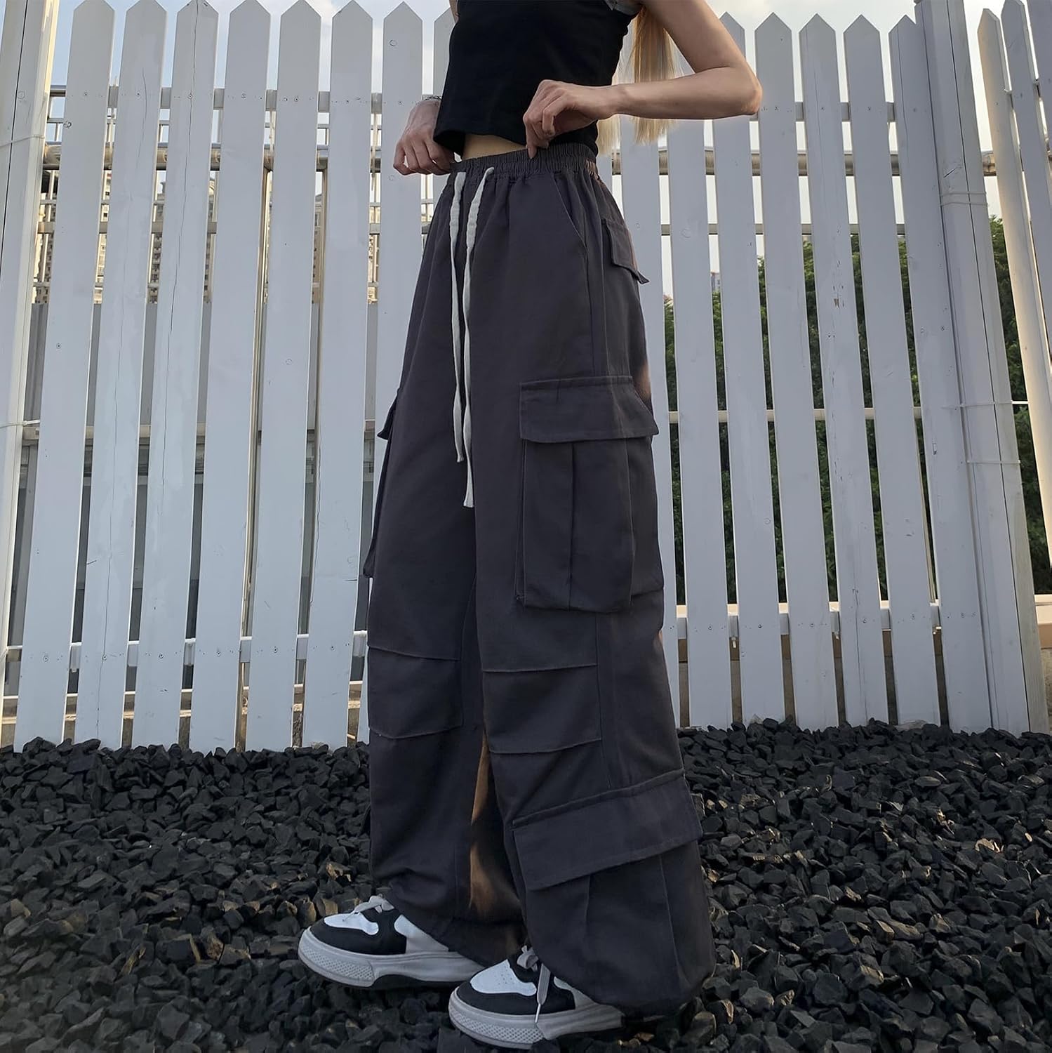 Baggy Parachute Pants for Women Straight Unisex Wide Leg Cargo Pants Elastic Waist Drawstring Harajuku Cotton Trendy
