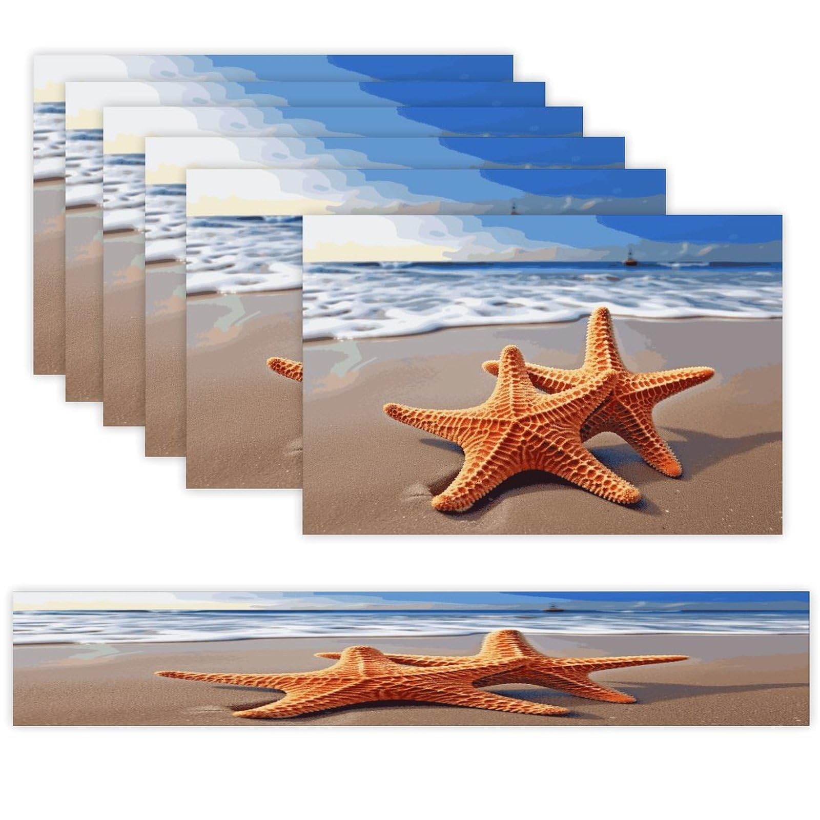 Starfish on The Beach Table Runner and Placemats Set of 6 for Kitchen Washable Table Mats Heat Resistant Place Mats Non-Slip Place Mat Wipeable Placemat(6 Placemats+1 Table Runner)