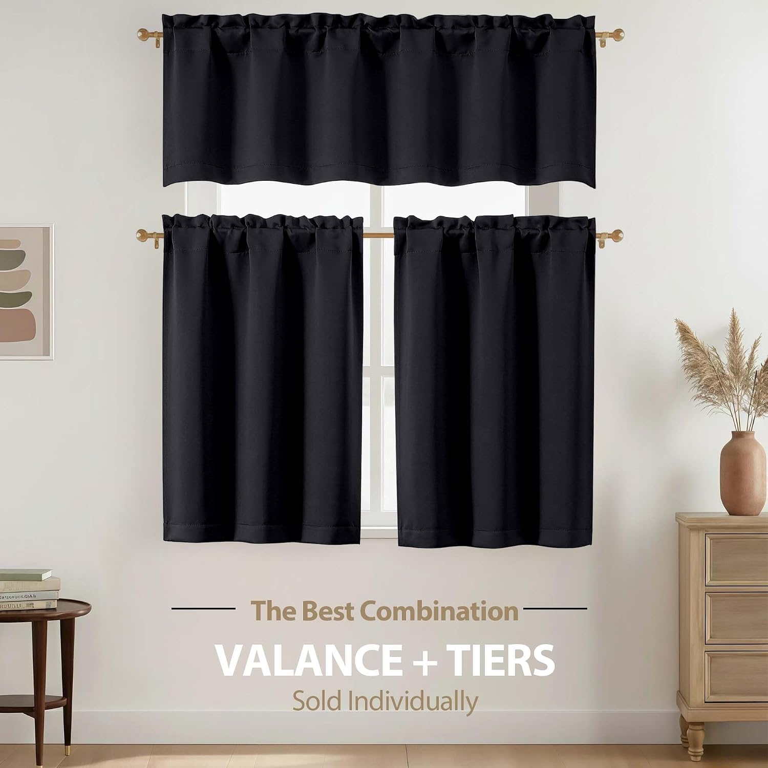 OVZME Black Valance for Windows - Solid Small Blackout Curtain Valance for Kitchen, Farmhouse Dual Rod Pocket Short Curtain Basement Window Curtains, 1 Piece, 60Wx14L