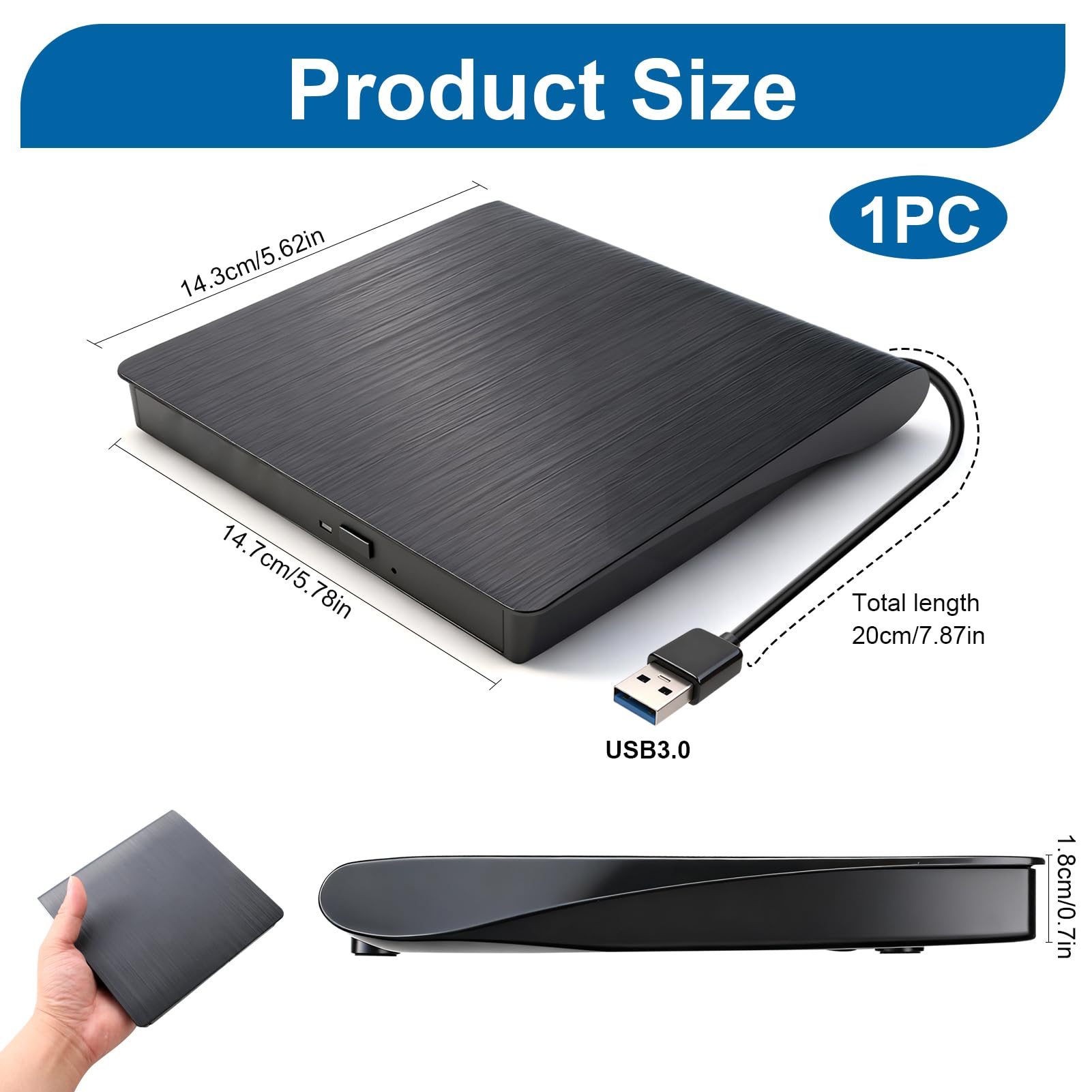 Veridius External CD DVD Drive for USB 3.0 Slim Portable CD DVD Drive Player Burner Writer Reader Rewriter Optical Disc for Laptop PC Desktop Mac IOS Macbook Pro Windows 11 10 8 7 / XP Vista Linux — view 2