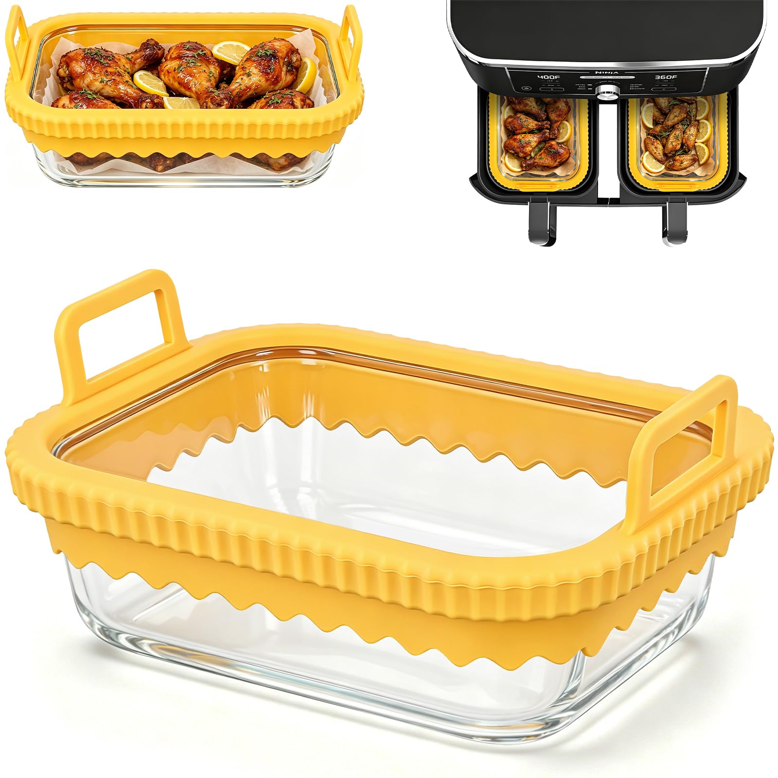 Cesta Cuadrada de Vidrio Transparente para Air Fryer con Mango de Silicona, Fondo de Cristal para Ninja Cosori Philips,Sin BPA, Herausnehmbarer Silikonring, Spülmaschinenfest, 21x16x7cm