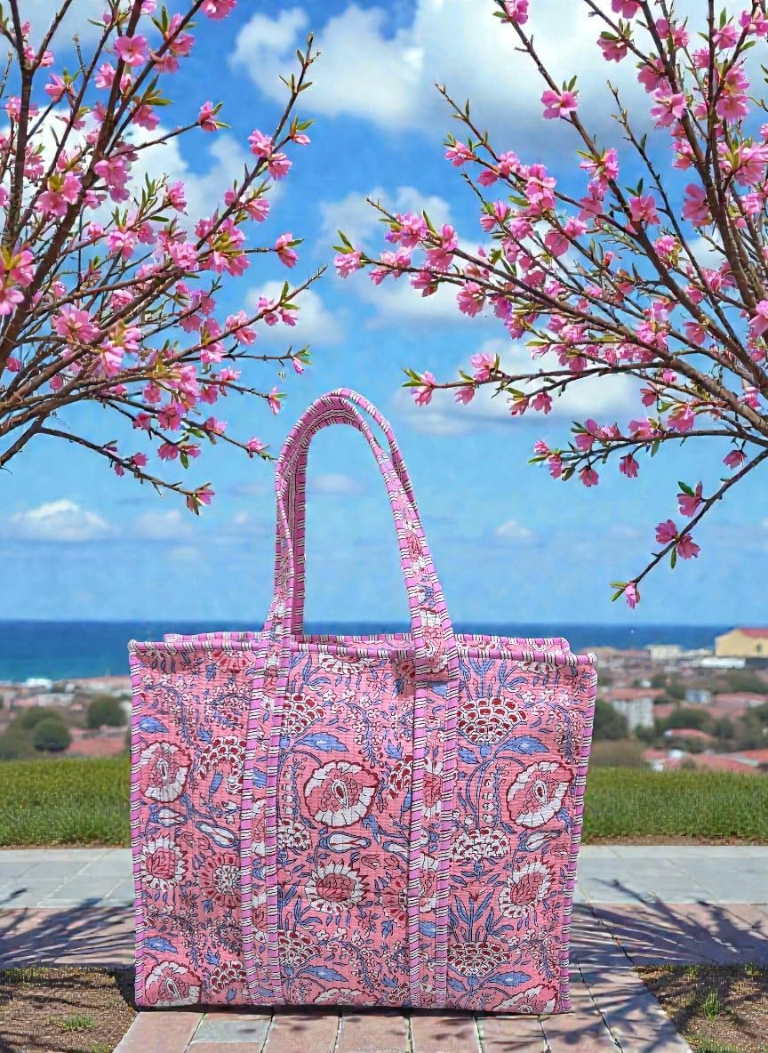 Large Cotton Quilted Tote Bag for Women - 18"x16" Spacious Handbag with Zipper, Perfect for Beach Travel Shopping