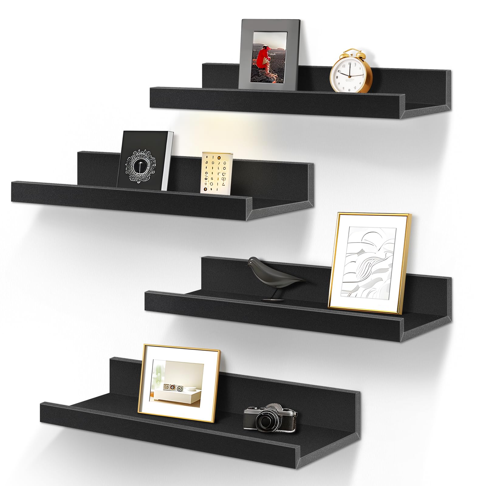 LaVie Home Floating Shelves for Wall Storage Set of 4, 15.6 Inch Picture Ledge Shelf, Black Wall Shelves with Lip for Kitchen, Bedroom, Bathroom, and