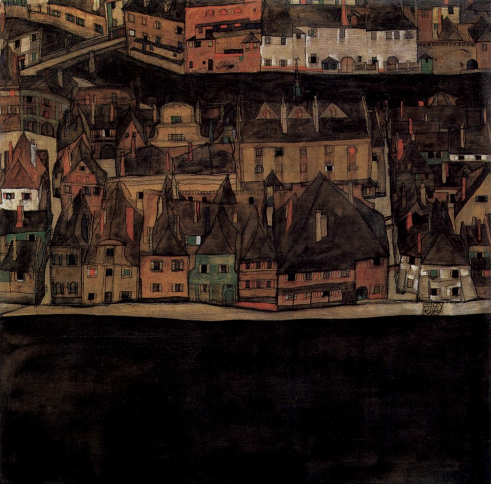 Egon Schiele Houses by The River grand format mat poster deco murale pour salon moderne