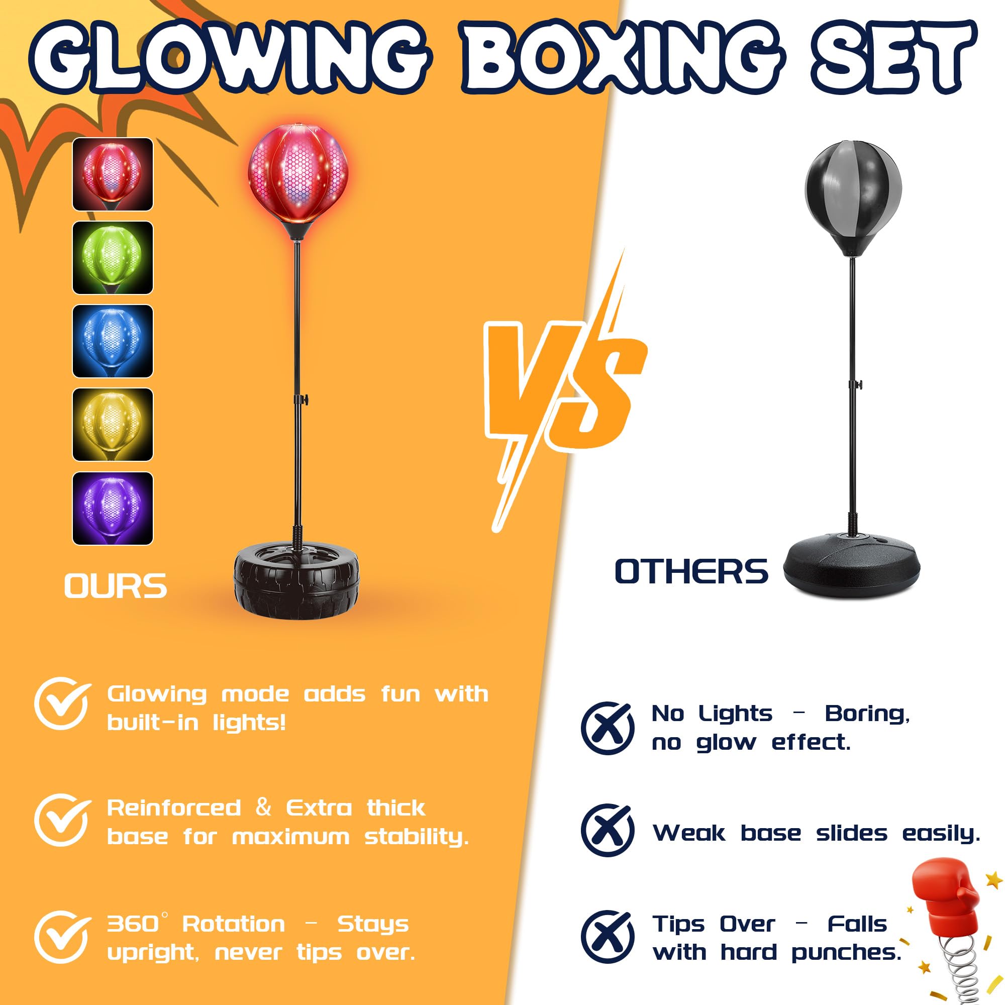 JOY SPOT! LED Boxsack mit Ständer, Höhenverstellbar Punchingball für Kinder, Boxen Set inkl. Boxhandschuhe & Pumpe, Leuchtender Punching Bag für Erwachsene, Boxball-Set Spielzeug für Speed Training