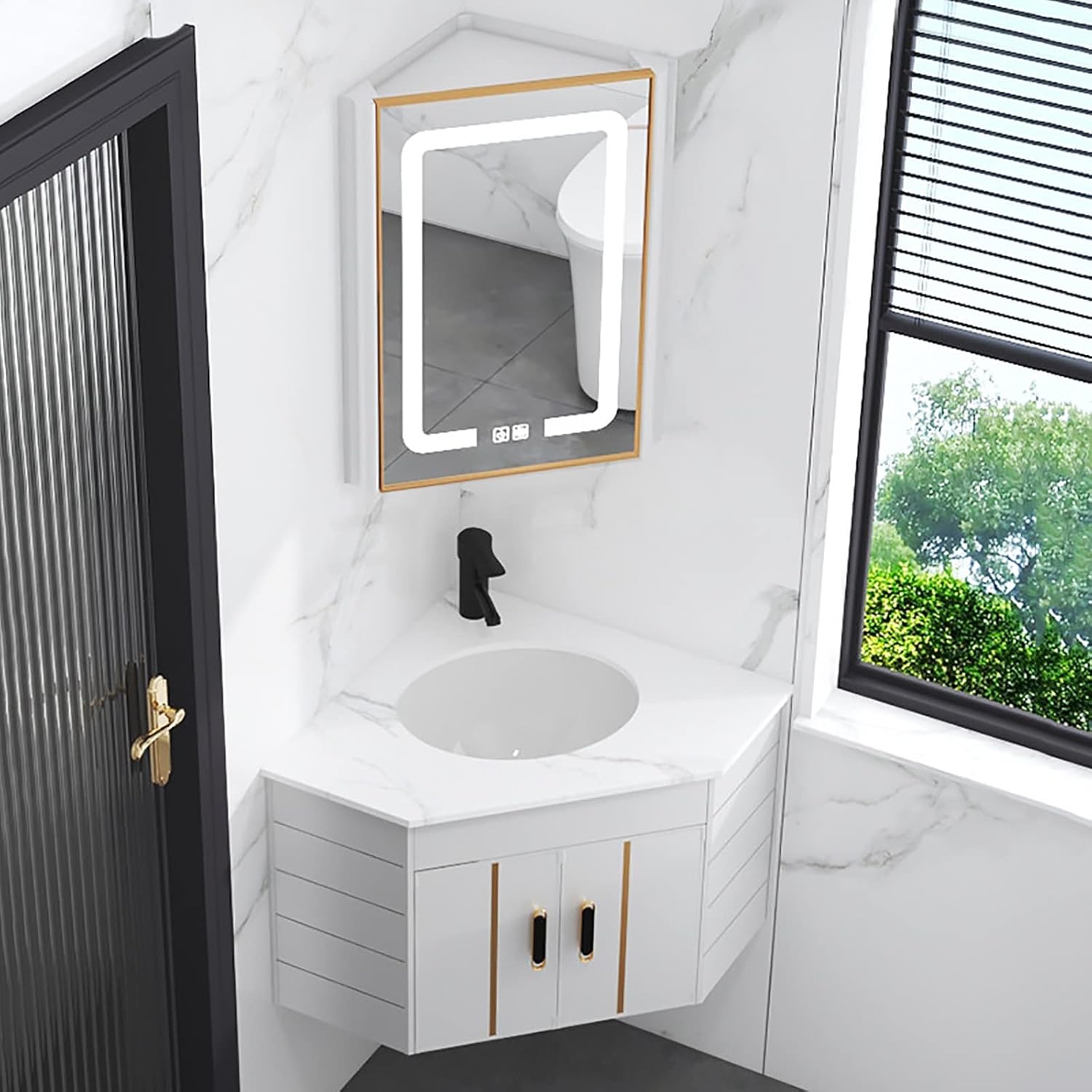 Corner Bathroom Vanity Sink Combo With Corner Mirror