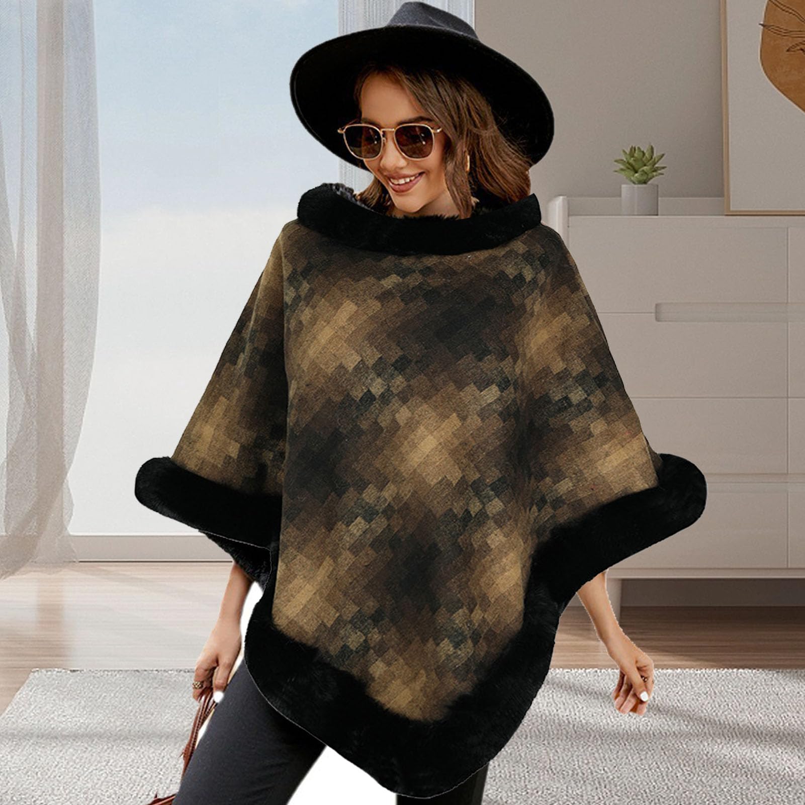 aqxreight Mantella con Scialle a Collo Rotondo, Calda, con Cuciture in Peluche, a Quadri, Lavorata a Maglia, per le Donne, per la Vita Quotidiana, Kaki F, Adorabile Modifica Dolce e Snella, (F)