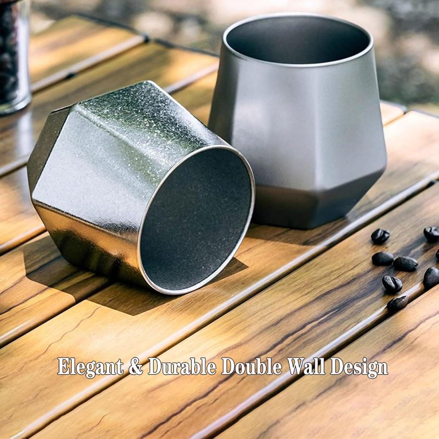 Titanium Cup 250ml Double Walled Mug for Beer, Whiskey, Coffee, No-Coasting & Dishwasher Safe, Hexagonal Geometric Design for Outdoor Camping Travel Home Office (Titanium Color)